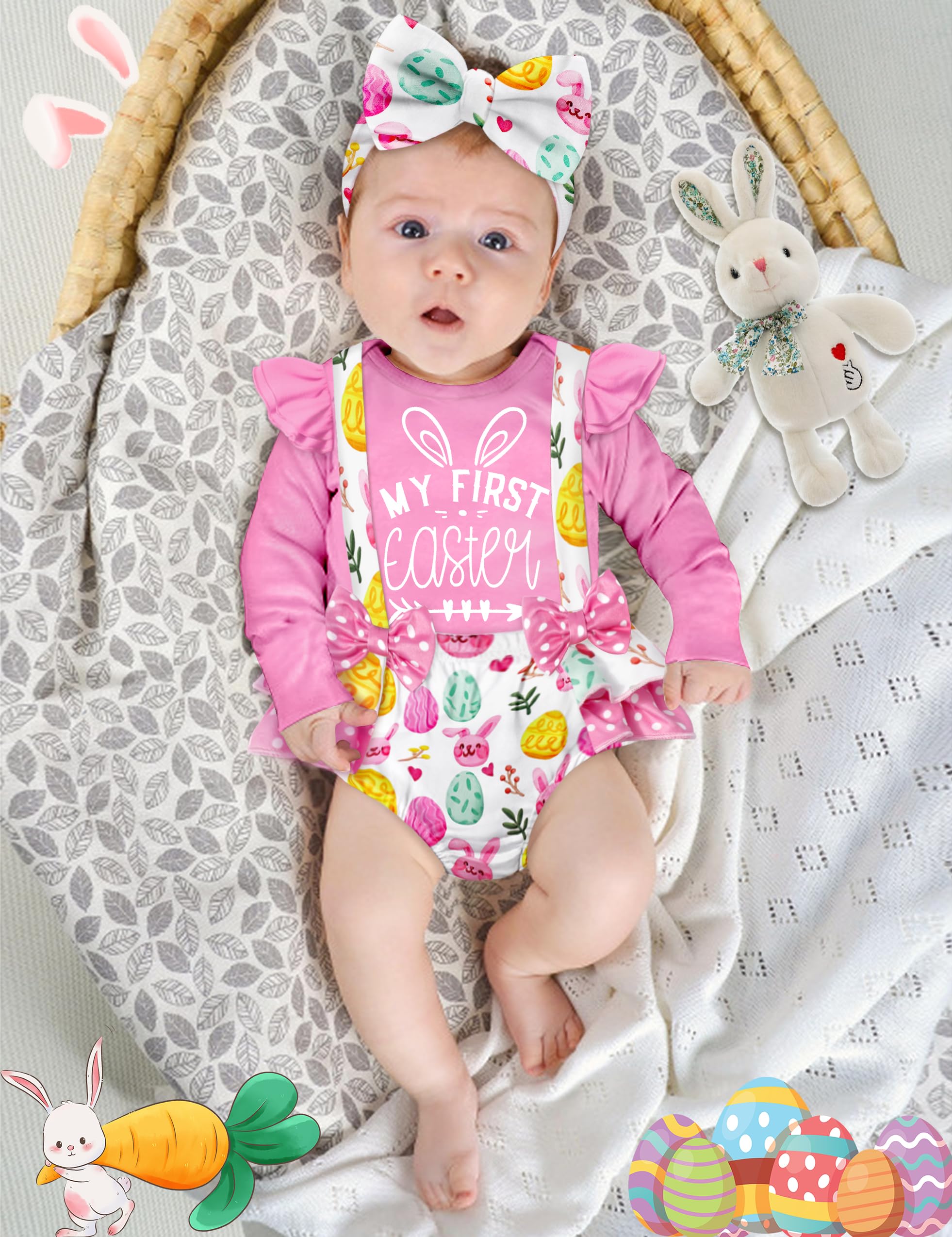 Von Kilizo Baby Girl Easter Outfit - My First Easter Bunny Print Long Sleeve Romper | Cute Easter Photoshoot & Holiday Celebration Outfit