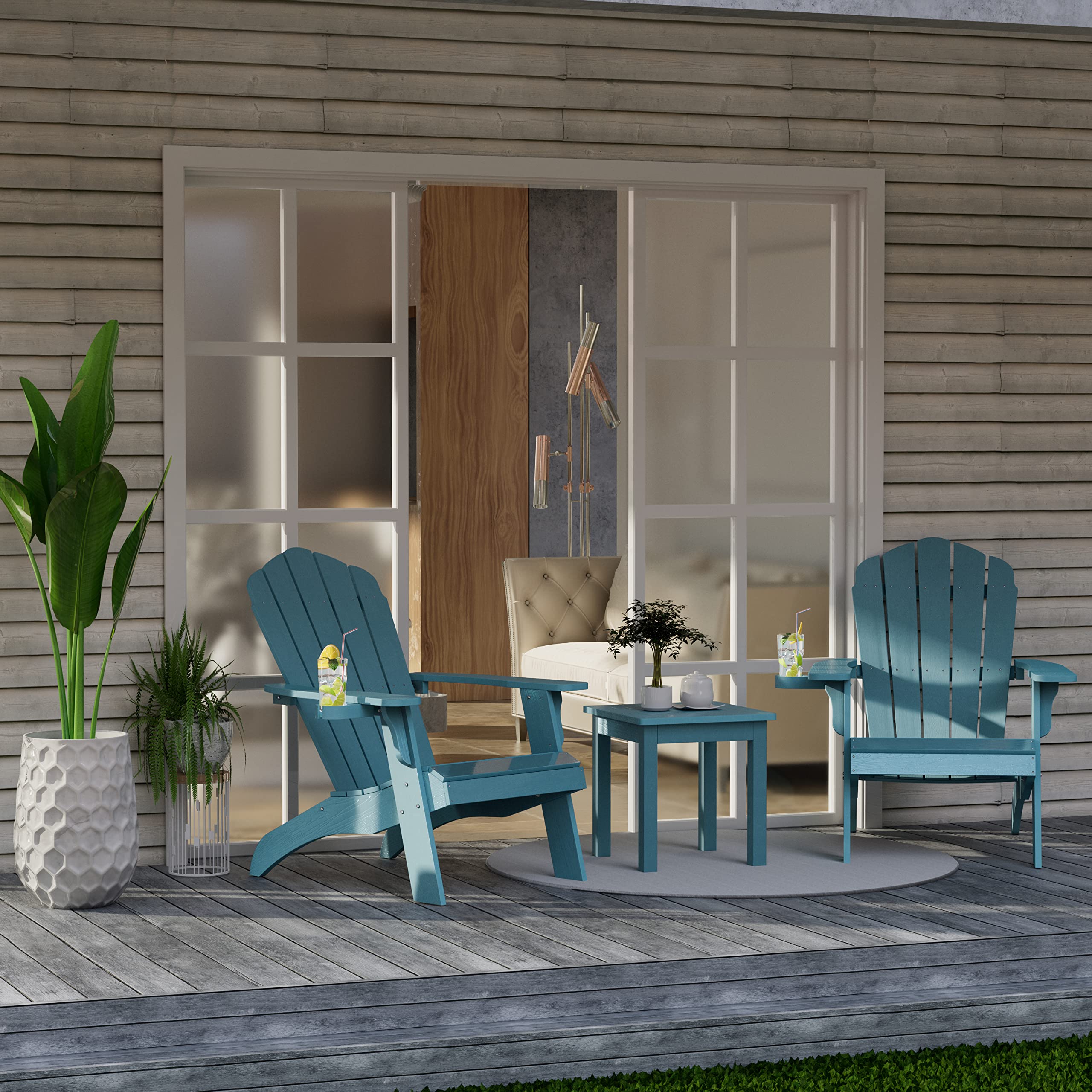YEFU Oversized Plastic Adirondack Chair with Cup Holder - Heavy Duty Weather Resistant Poly Lumber Outdoor Furniture for Patio, Lawn, Deck & Garden - Blue (Perfect for Relaxing, Sunbathing and Outdoor Entertaining)