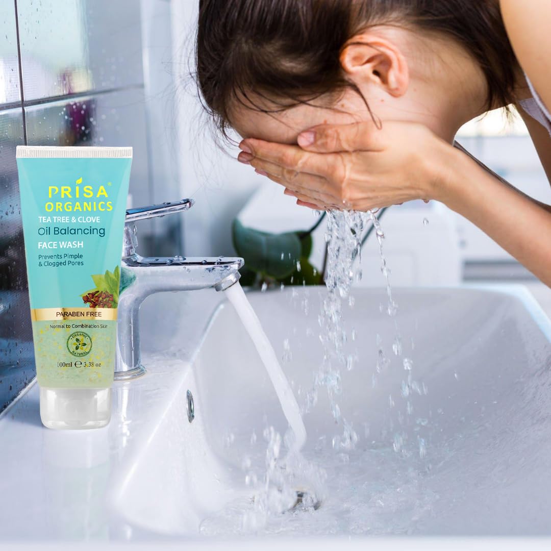 Prisa Organics Tea Tree & Clove Oil Balancing Face Wash for Oily & Sensitive Skin - 100ml | Anti-Bacterial Acne Treatment | Reduces Excess Oil & Prevents Breakouts | Gentle Daily Cleanser for Men & Women | Perfect for Morning & Night Skincare Routine