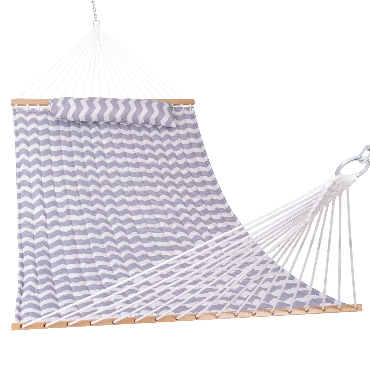 12 FT Double Hammock with Spreader Bar & Pillow - 2-Person Outdoor Hammock for Patio, Poolside, Backyard & Beach - Heavy Duty 450 lbs Capacity - Gray Wave - Perfect for Relaxing, Lounging & Napping in Your Garden or Vacation Getaway