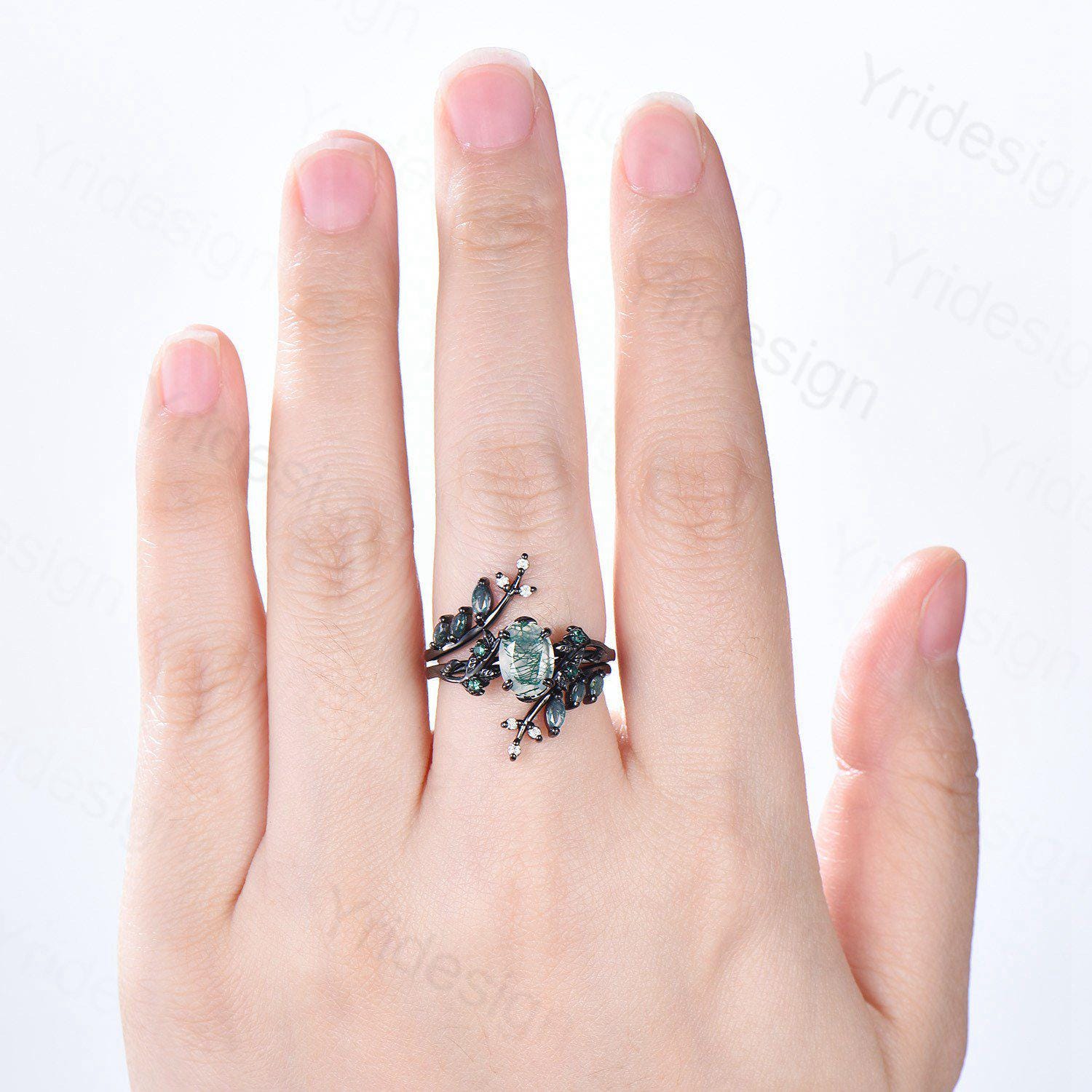 Unique Black Gold Gothic Moss Agate Ring Set - Oval Green Marquise Cut with Leaf Vine Design for Engagement, Bridal & Wedding Jewelry - Perfect for Nature-Inspired Boho, Vintage & Gothic Fashion Lovers