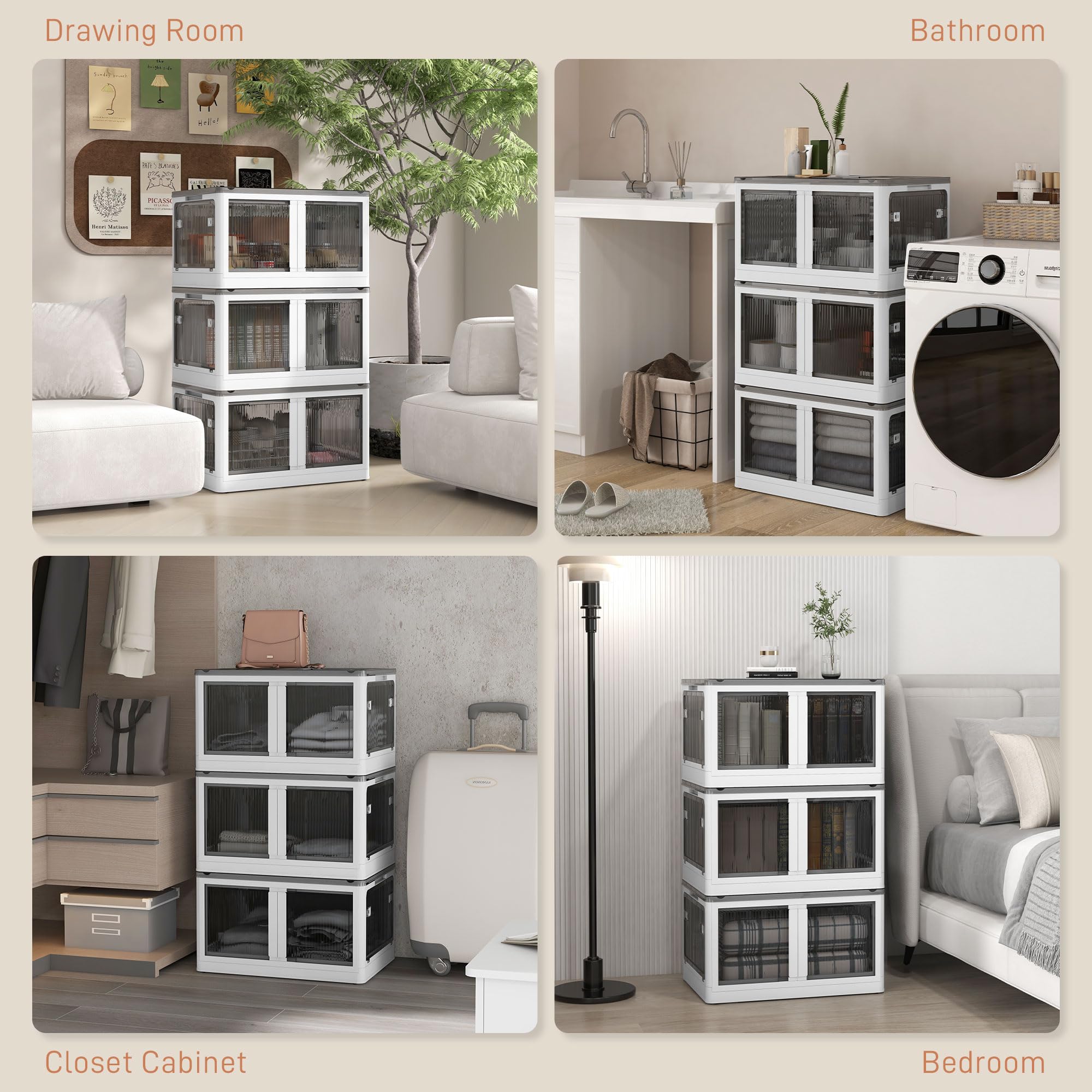 32 Gallon Stackable Storage Bins with Lids - 3 Pack Collapsible & Wheeled Organizer Bins, 5-Sided Access for Easy Closet, Garage, or Home Organization (White) - Perfect for Seasonal Storage, Moving, and Decluttering