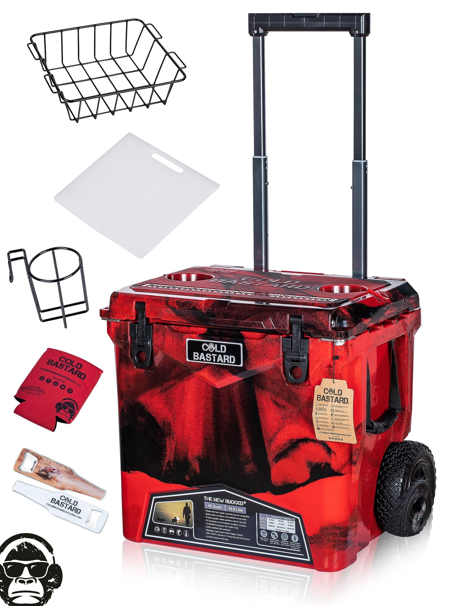 45QT Heavy-Duty Ice Chest Cooler with Camo Red Design - Large Wheels for Easy Transport - Premium Cooler Accessories for Camping, Fishing & Outdoor Adventures - Free Shipping & Handling