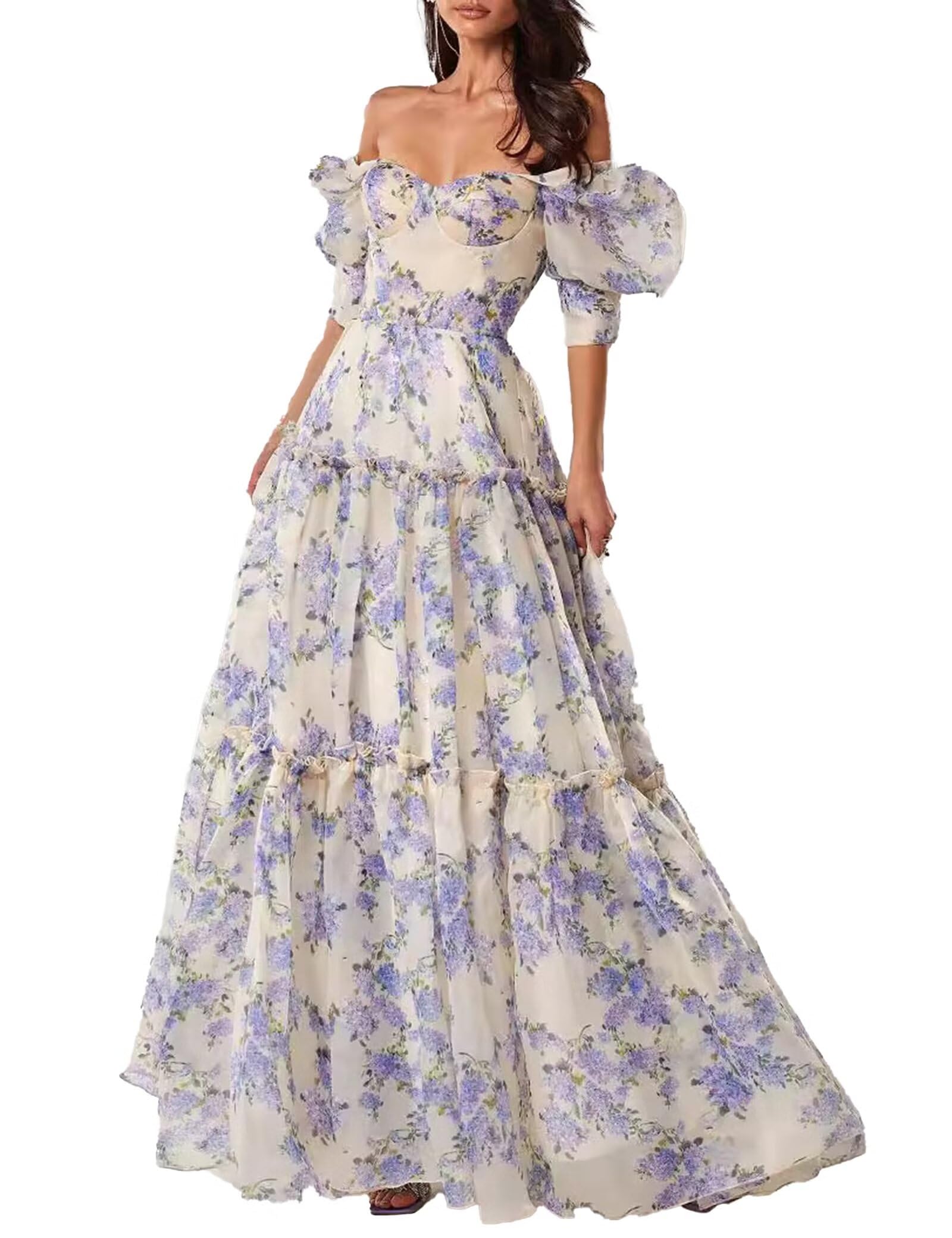 NeeMee 2024 Women's Floral Print Off Shoulder Maxi Dress - A-Line Ruffled Organza Summer Dress with Puffy Sleeves & Smocked Waist (Blue, Large) | Perfect for Beach Vacations, Garden Parties & Romantic Date Nights