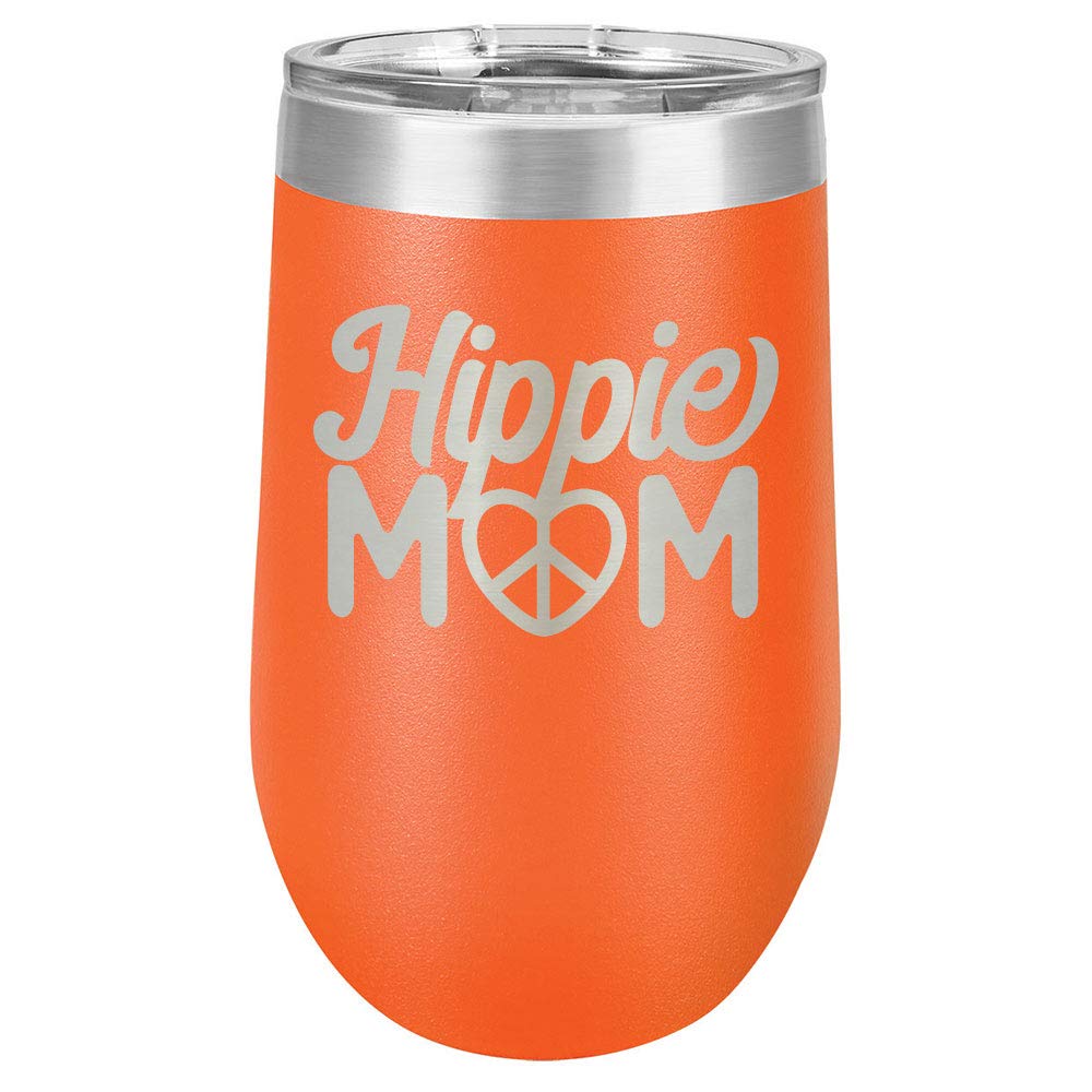 HIPPIE MOM Orange 16 oz Insulated Wine Tumbler with Lid - Laser Engraved Funny Quotes | Perfect Mother's Day Gift for Hippie Moms | Great for Coffee, Wine & Cocktails | OnlyGifts.com
