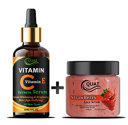 Quat Combo Pack: Vitamin C & E Face Serum (30ml) + Strawberry Face Scrub (100g) for All Skin Types - Brightening & Exfoliating Skincare Set for Daily Glow Routine