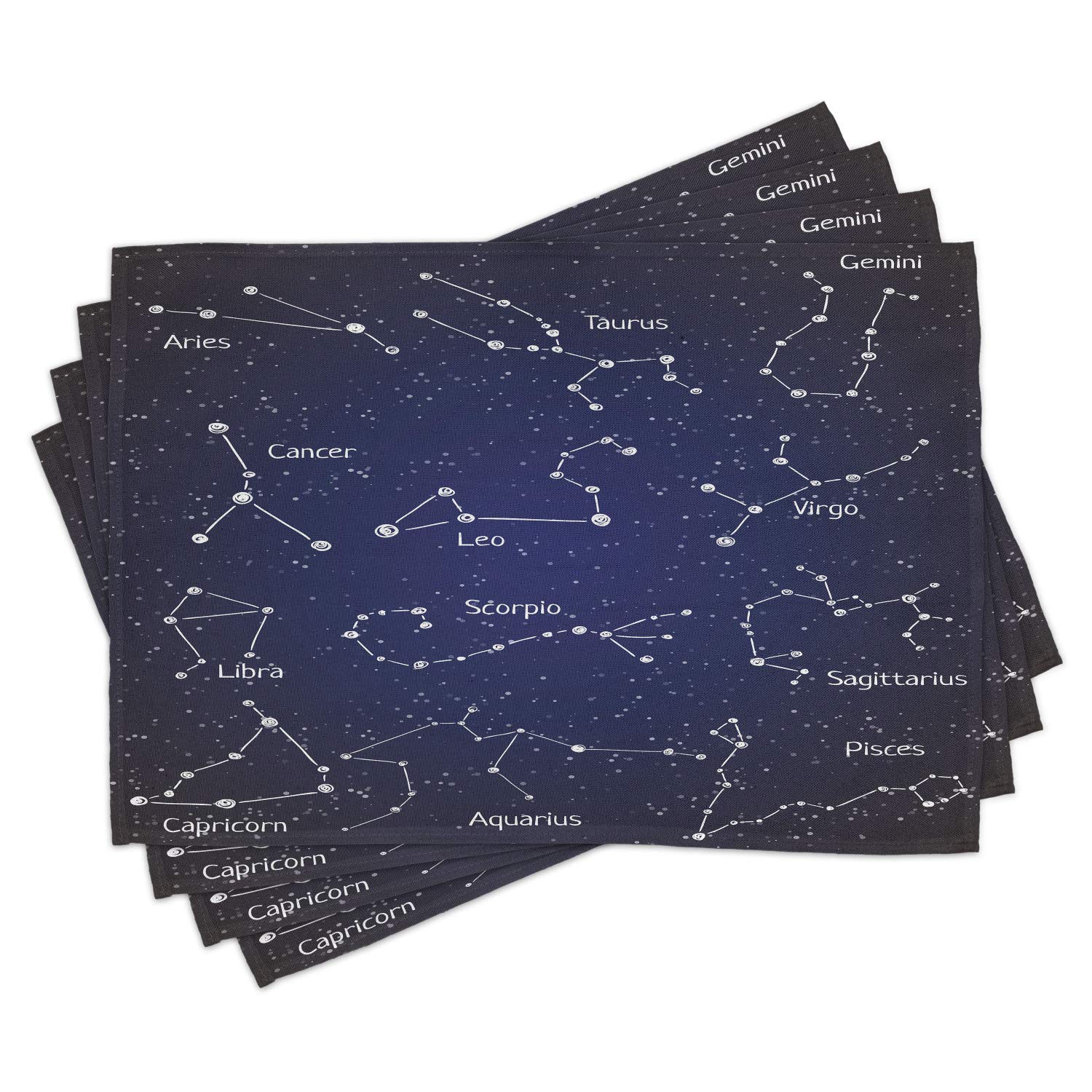 Ambesonne 4-Pack Constellation Placemats Set - Zodiac Star Clusters & Sign Names in Chalk Writing Style - Washable Fabric Table Mats for Dining Room & Kitchen Decor (Blue, Dark Blue, White) - Perfect for Dinner Parties, Holiday Gatherings & Astrology-Themed Decor