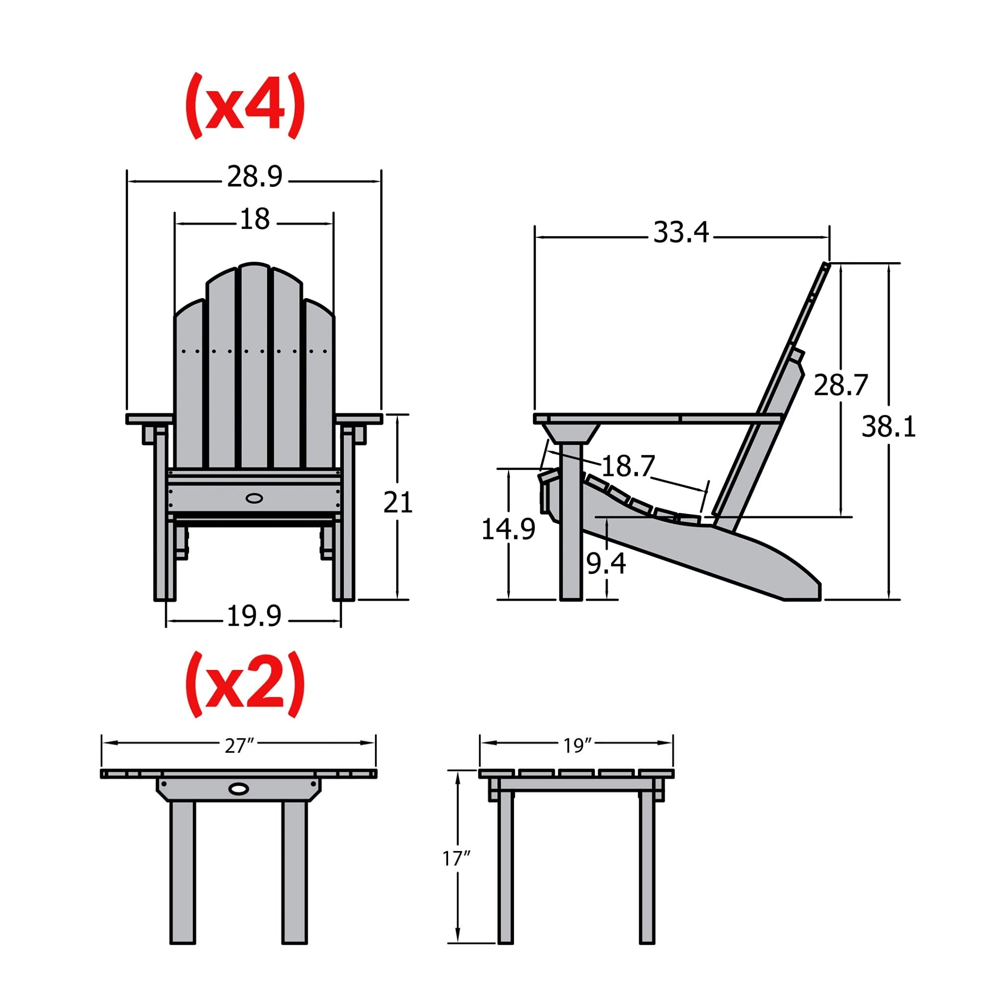 Highwood AD-KITCLAS9-WAE Whitewash Adirondack Chair 6-Piece Patio Set with Side Tables - Outdoor Garden Furniture for Backyard, Poolside & Deck Relaxation