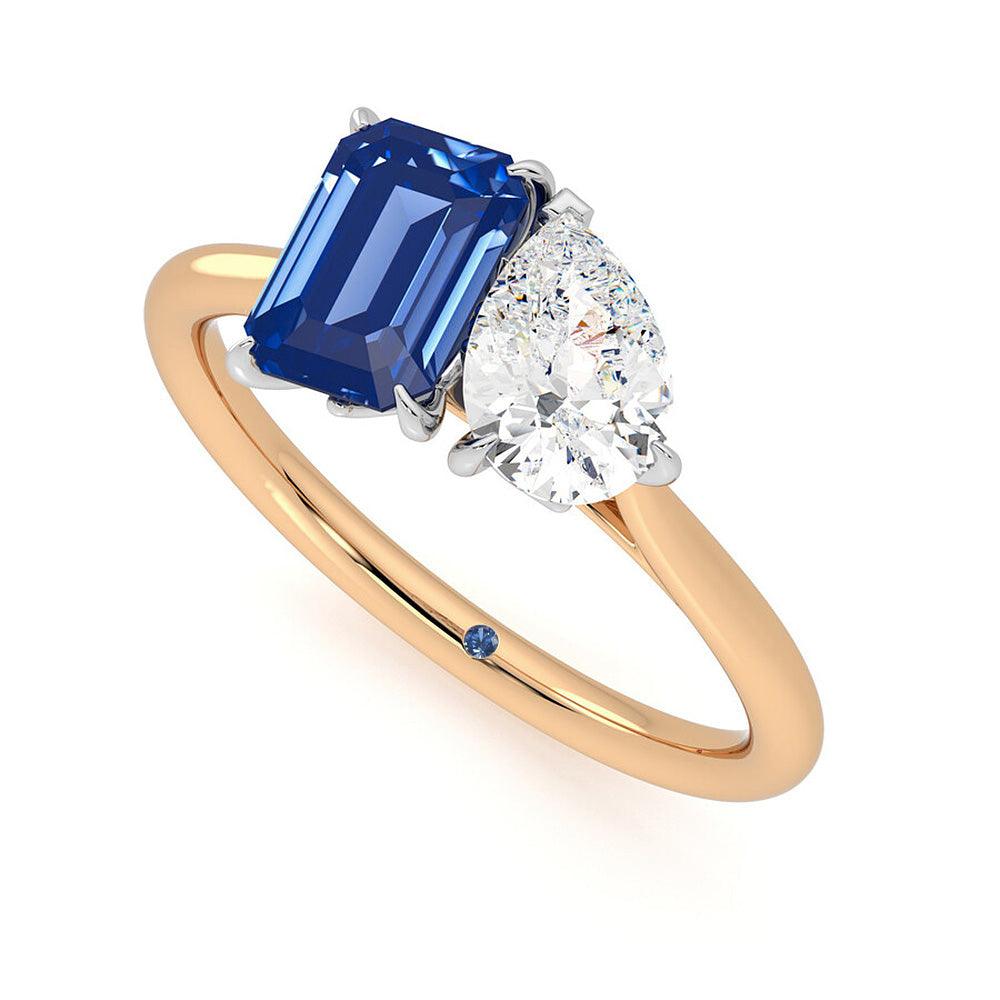 Toi et Moi Pear Shaped Moissanite & Emerald Cut Sapphire Engagement Ring - Unique Bridal Jewelry for Wedding Proposals & Anniversary Gifts