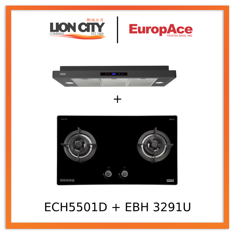 Europace ECH5501DBK 90cm Slimline Range Hood + EBH3291U OTIMMO 2 Burner 90CM Stainless Steel Built-in Gas Cooktop - Perfect for Modern Kitchens & Open-Plan Living Spaces
