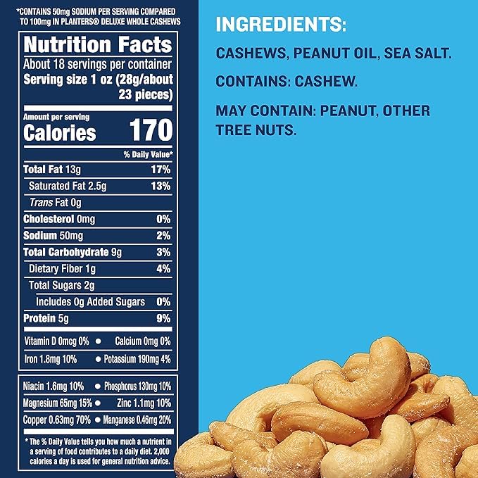 PLANTERS Deluxe Lightly Salted Cashews - 1lb 2.25oz | Kosher Certified, Sea Salt Flavored | High Protein Plant-Based Snacks for Adults & Kids | Perfect for Parties, After School, Office & Healthy On-the-Go Snacking