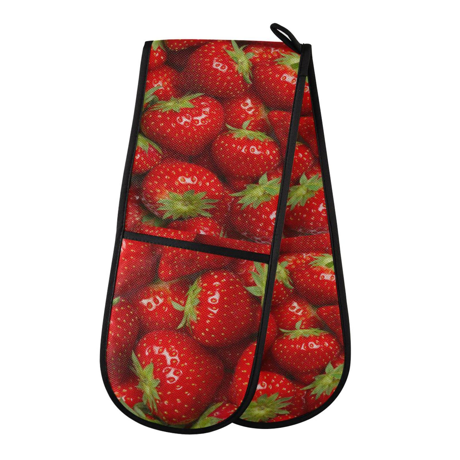 Heat Resistant Double Oven Mitts - Strawberry Pattern Quilted Cotton Cooking Gloves for Baking, Grilling & Handling Hot Pans (35x7in) - Perfect for Kitchen, BBQ & Holiday Cooking - Easy to Clean & Durable
