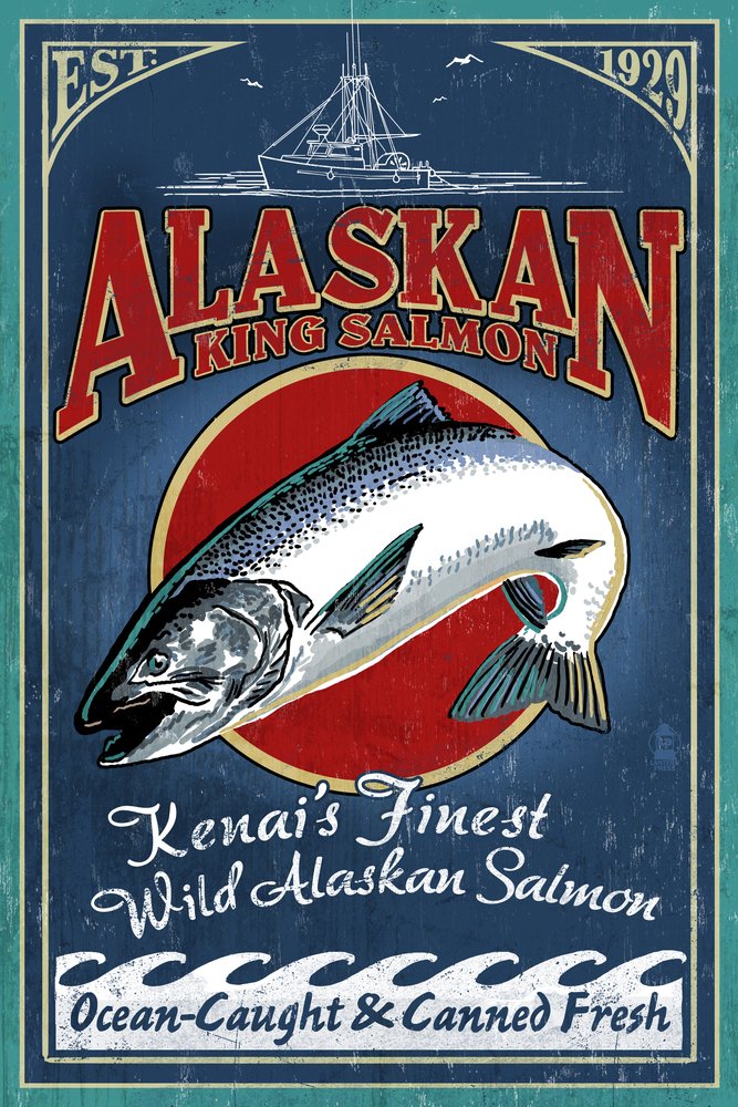 Kenai River Alaska Salmon Vintage Sign 24x36 Signed Art Print - Wall Decor Poster for Home, Office & Cabin Decor - Perfect for Fishing Enthusiasts & Nature Lovers