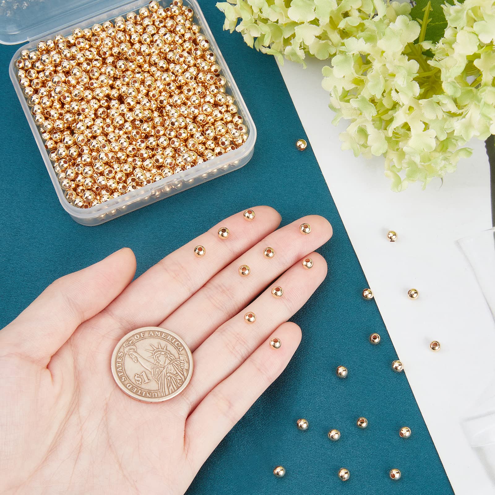 1000 Pcs 18K Gold Plated Solid Brass Beads - 4mm Smooth Metal Spacer Beads for Jewelry Making, DIY Crafts & Bracelet Design | Tarnish-Free, 1.2mm Hole | Perfect for Necklaces, Earrings & Handmade Gifts