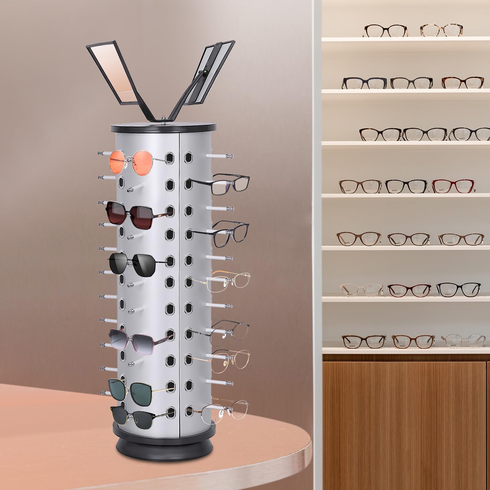 44 Pairs 360° Rotating Eyeglasses Display Stand with Mirror - Sunglasses Holder for Countertop, Retail Store, Optical Shop - Perfect for Eyewear Showcase and Organized Display (Round)