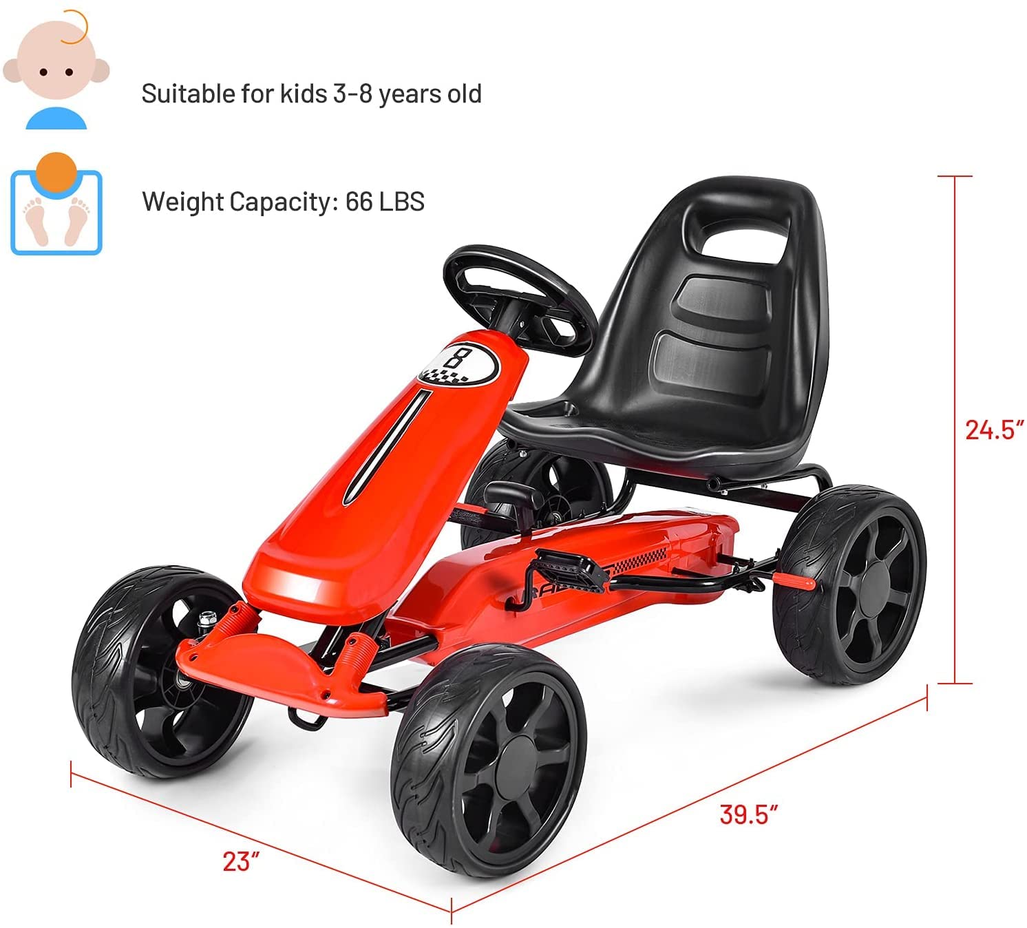 **GLACER Kids Go Kart - 4-Wheel Pedal Powered Ride-On Toy Car for Boys & Girls, Adjustable Seat & EVA Rubber Tires, Outdoor Racing Fun (Red) - Perfect for Backyard, Park, and Driveway Play**