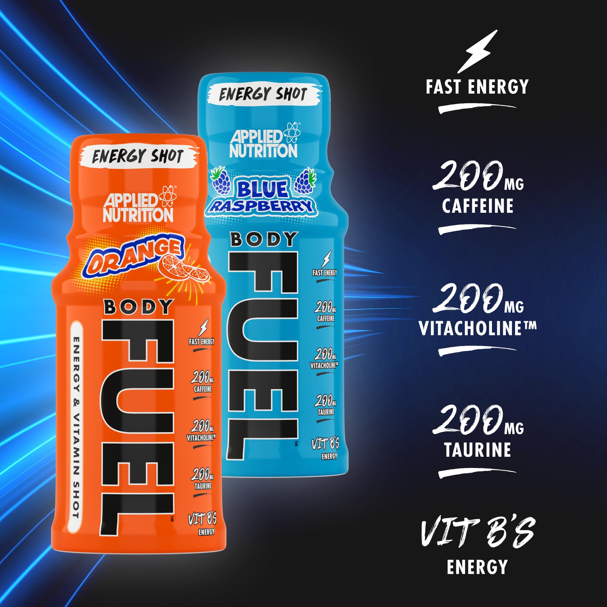 Applied Nutrition Body Fuel Energy Shots - 12 Pack (60ml Each) - Blue Raspberry Flavor - Boost Energy & Focus for Workouts, Study & Long Days
