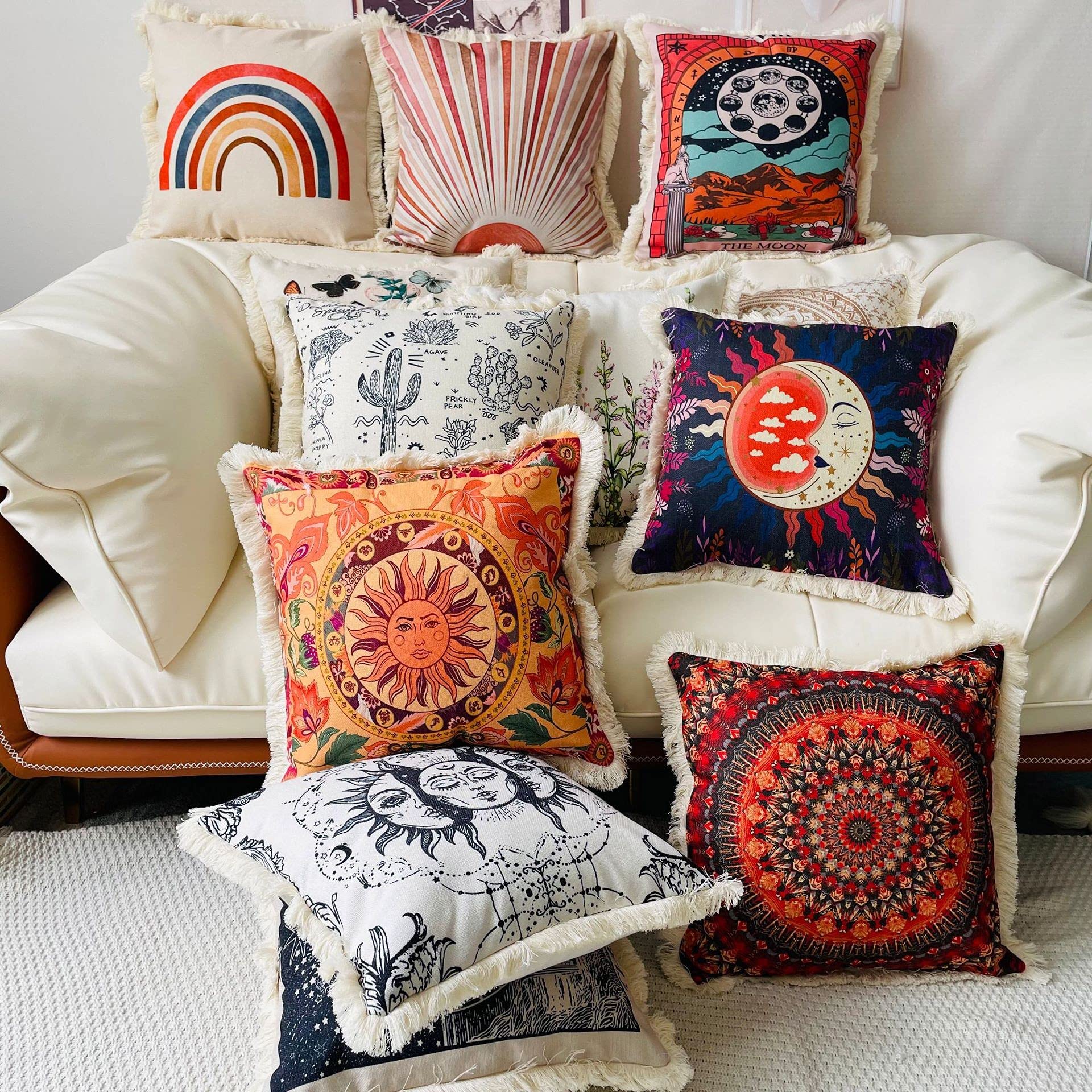 Red Sun and Sunshine Tassel Throw Pillow Covers - 18x18 Inch Bohemian Home Decor for Living Room, Sofa, Couch & Bedroom - One-Side Printed Mysterious Accent Pillow | Perfect for Boho Chic, Farmhouse & Eclectic Interior Design Styles