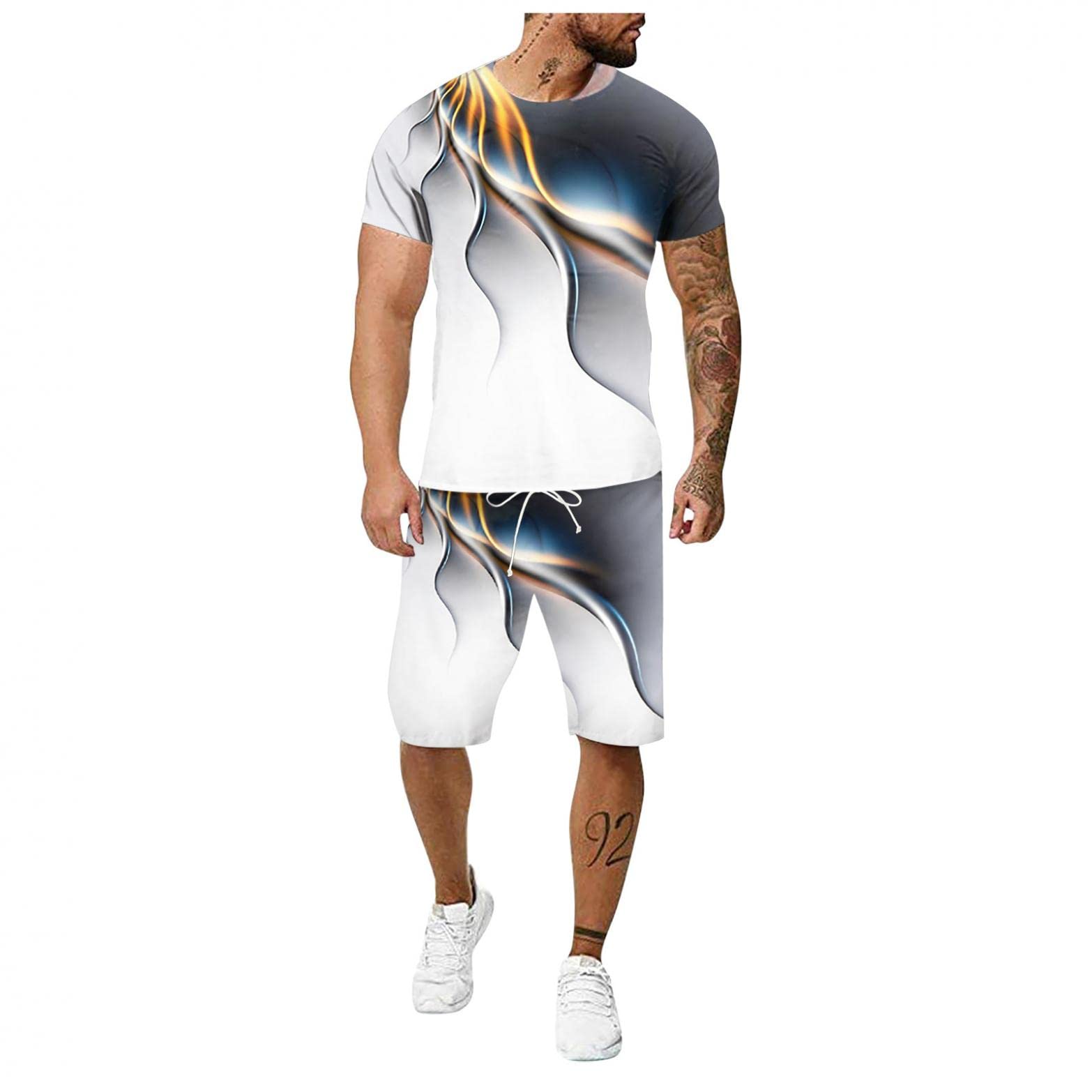NOLDARES Men's 2-Piece Tracksuit Set - 3D Graphic Athletic Running Outfit with Short Sleeve T-Shirt & Short Pants | Gym Workout, Jogging, Casual Streetwear
