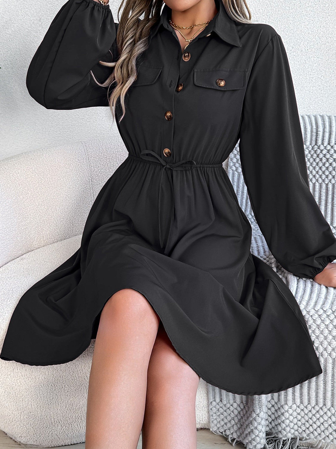 Elegant Collared Long Sleeve Midi Dress with Pockets - Perfect for Office Wear, Date Nights & Fall Fashion