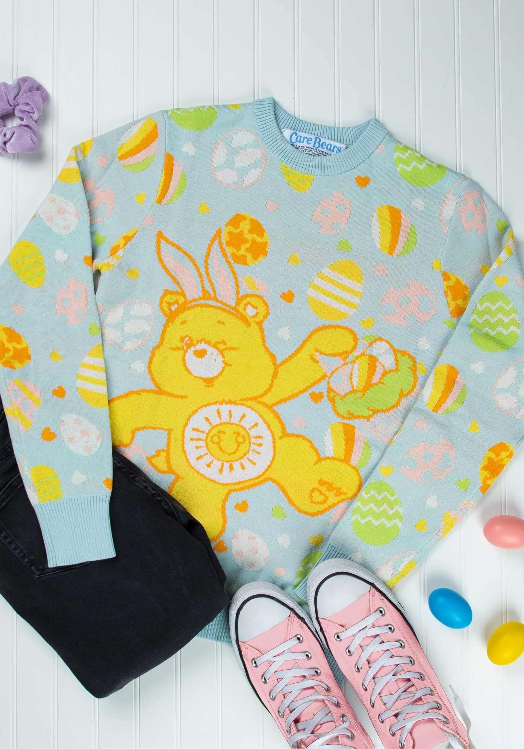 Officially Licensed Adult Care Bears Easter Egg Hunt Pullover Sweater - Funshine Bear Ugly Christmas Sweater for Men & Women | Holiday Party, Gift Exchange, Themed Events