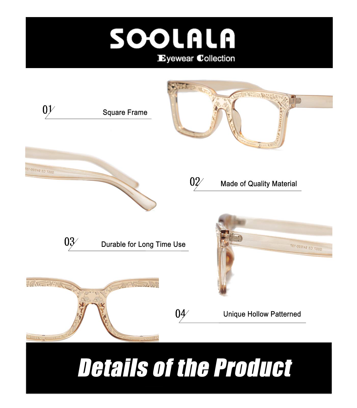 SOOLALA Women's Fashion Square Reading Glasses with Patterned Frames - Lightweight Readers for Women - Perfect for Reading, Computer Use & Daily Activities