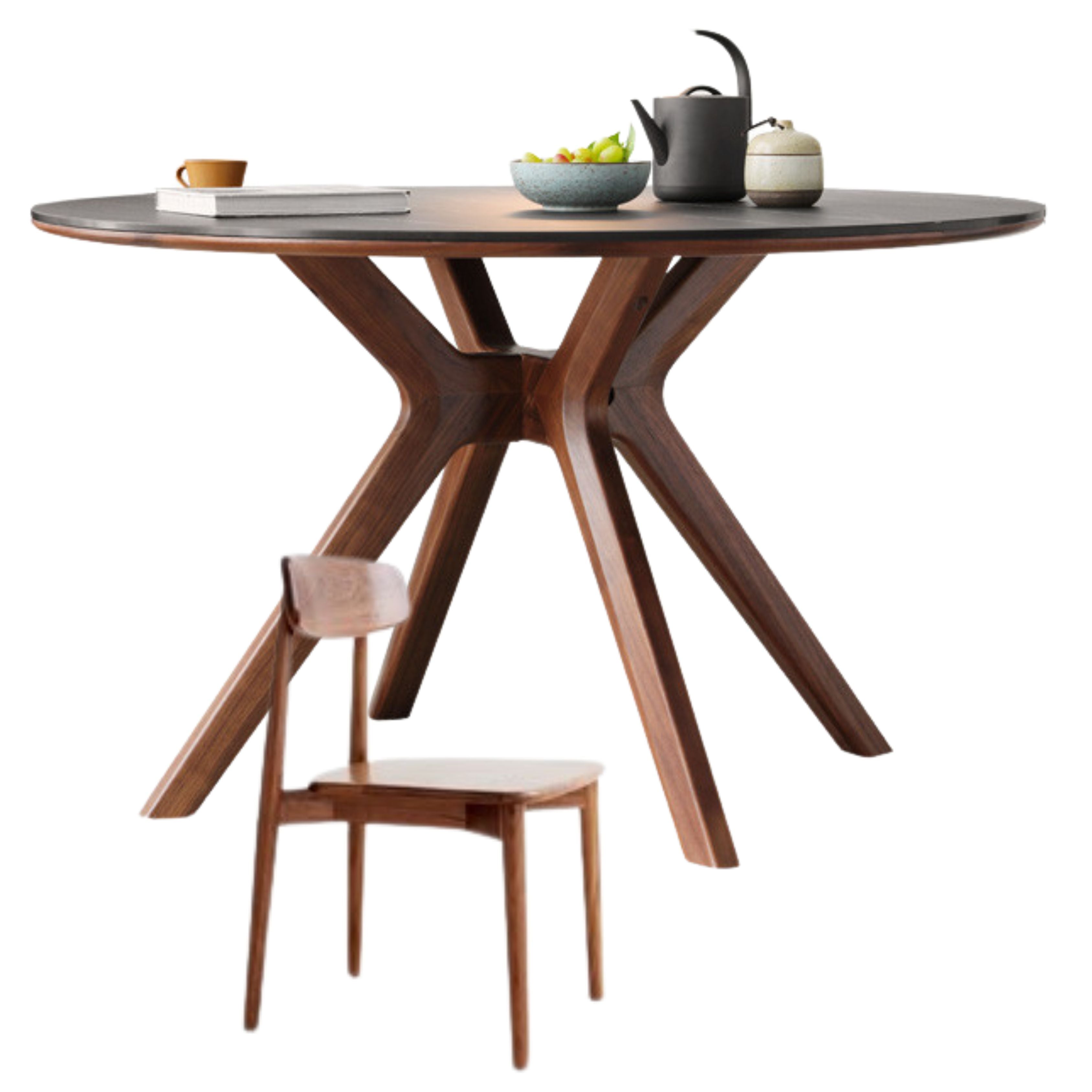 47.2x47.2x29.9 inch / 120x120x76 сm / Rich Dark Walnut color / Top Black color / Dining Table Slate top+ 4 chairs