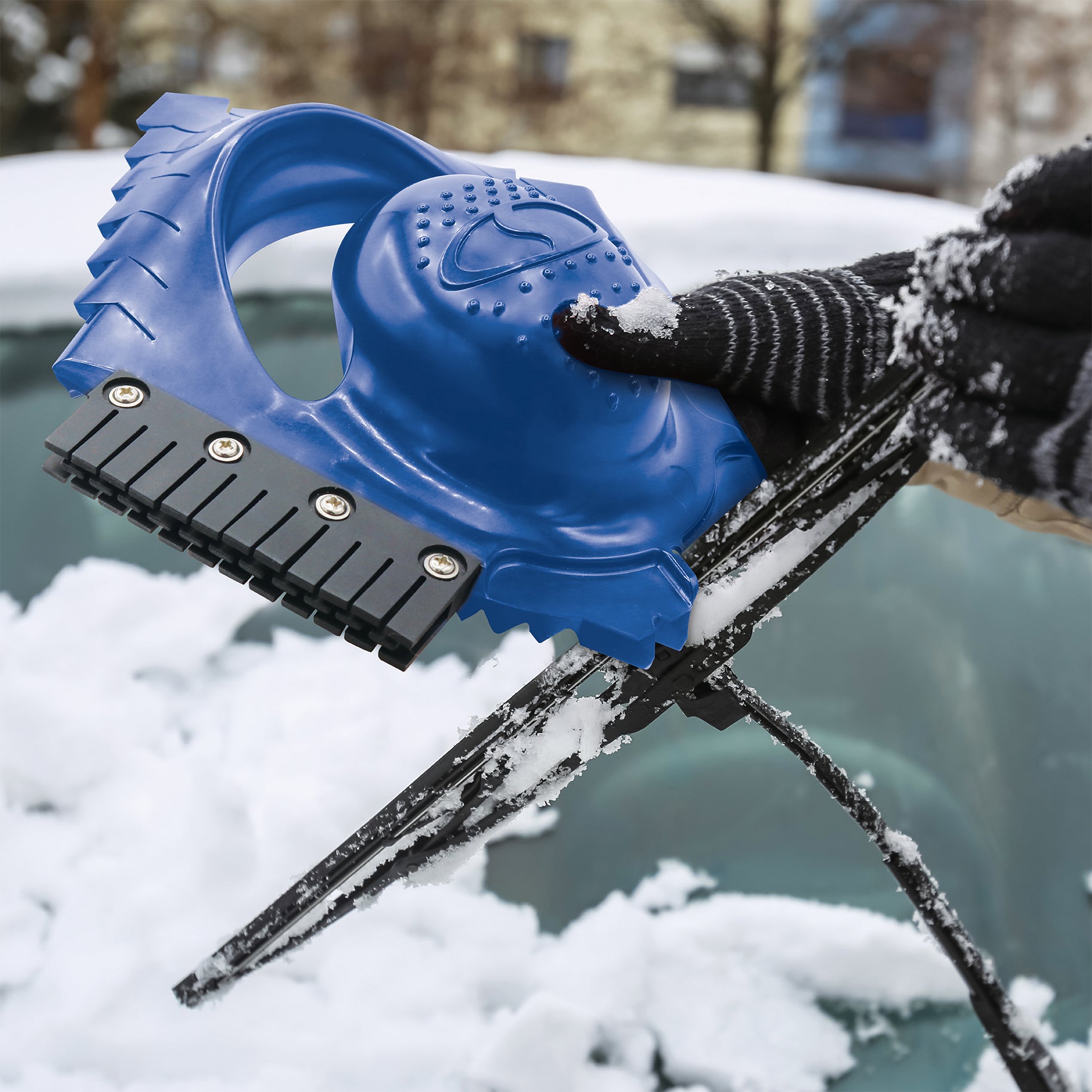 Snow Joe SJEG DZ IceDozer Ice & Snow Scraper Tool with Squeegee Brush & Windshield Wiper Notch - Heavy Duty Winter Car Snow Removal for Windshield, Windows & Side Mirrors