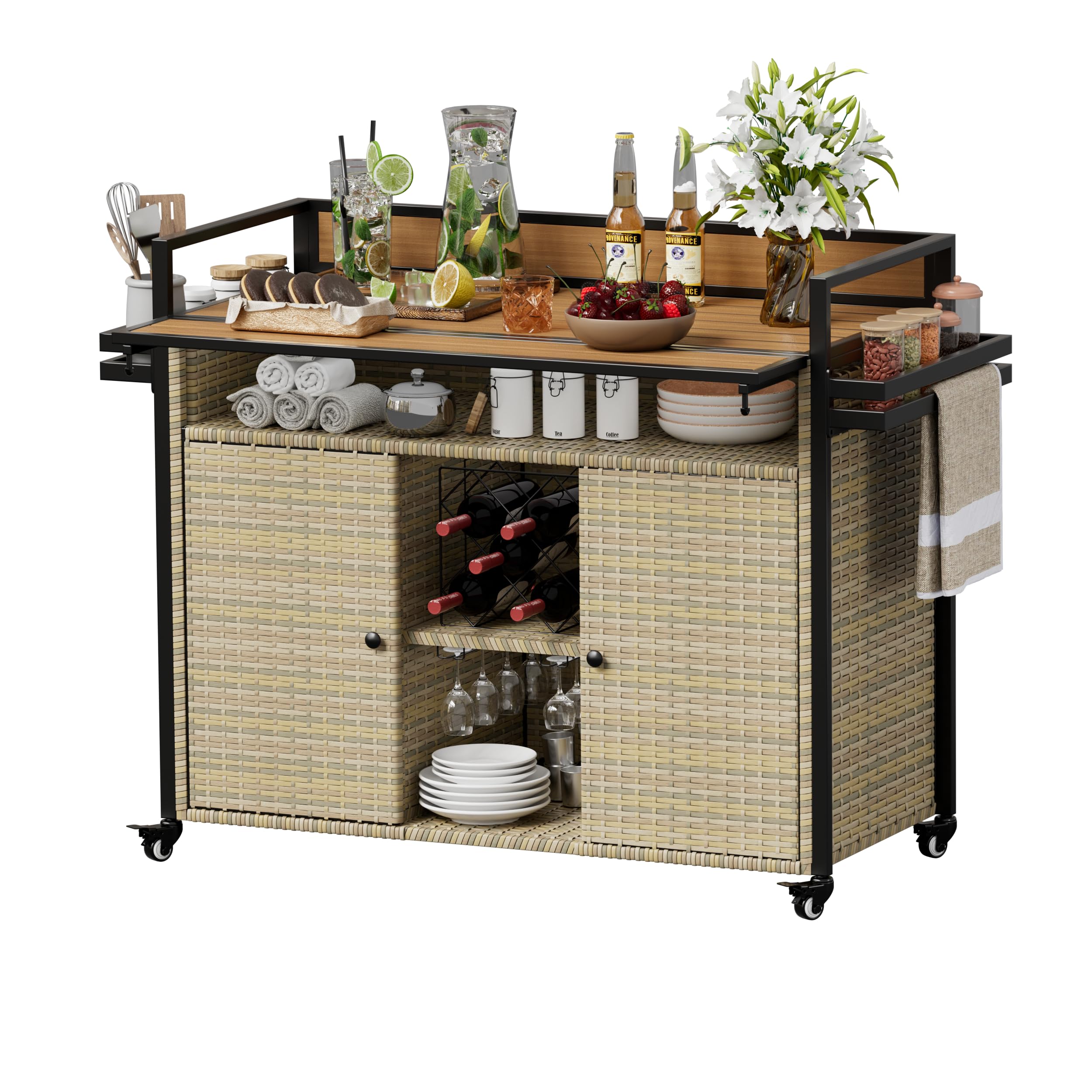 XL Outdoor Kitchen Wicker Rolling Bar Cart with Storage Cabinet & Extendable Plastic Wood Table Top - Mobile Kitchen Island for Patio, Backyard, Garden, Poolside - Double Handle Design, Brown - Perfect for Outdoor Entertaining, BBQ Parties & Poolside Drinks