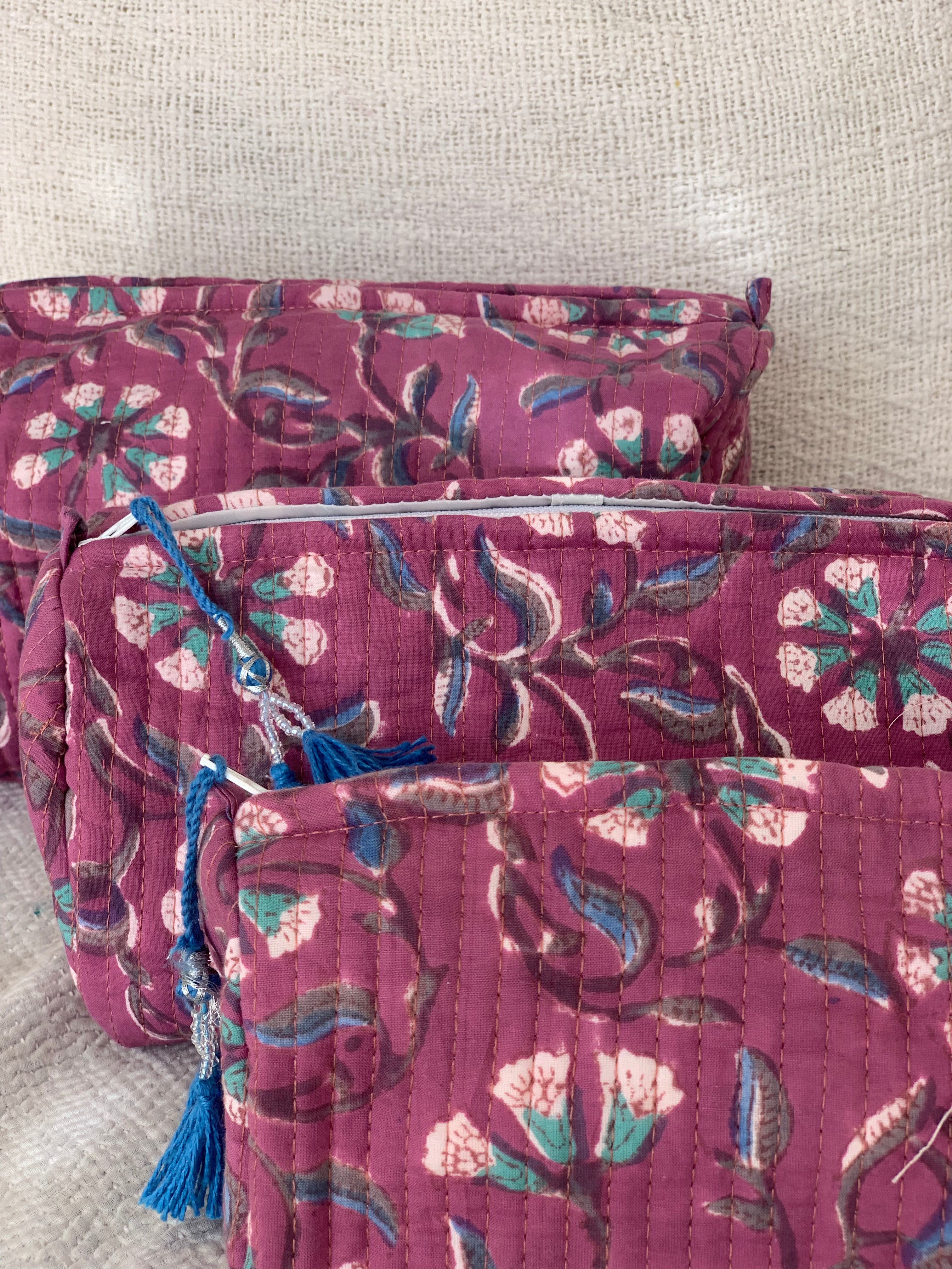 Handmade Block Print Cotton Cosmetic Bags - Eco-Friendly Travel & Storage Pouches (3 Sizes) - Perfect for Makeup, Jewelry & Toiletries Organization