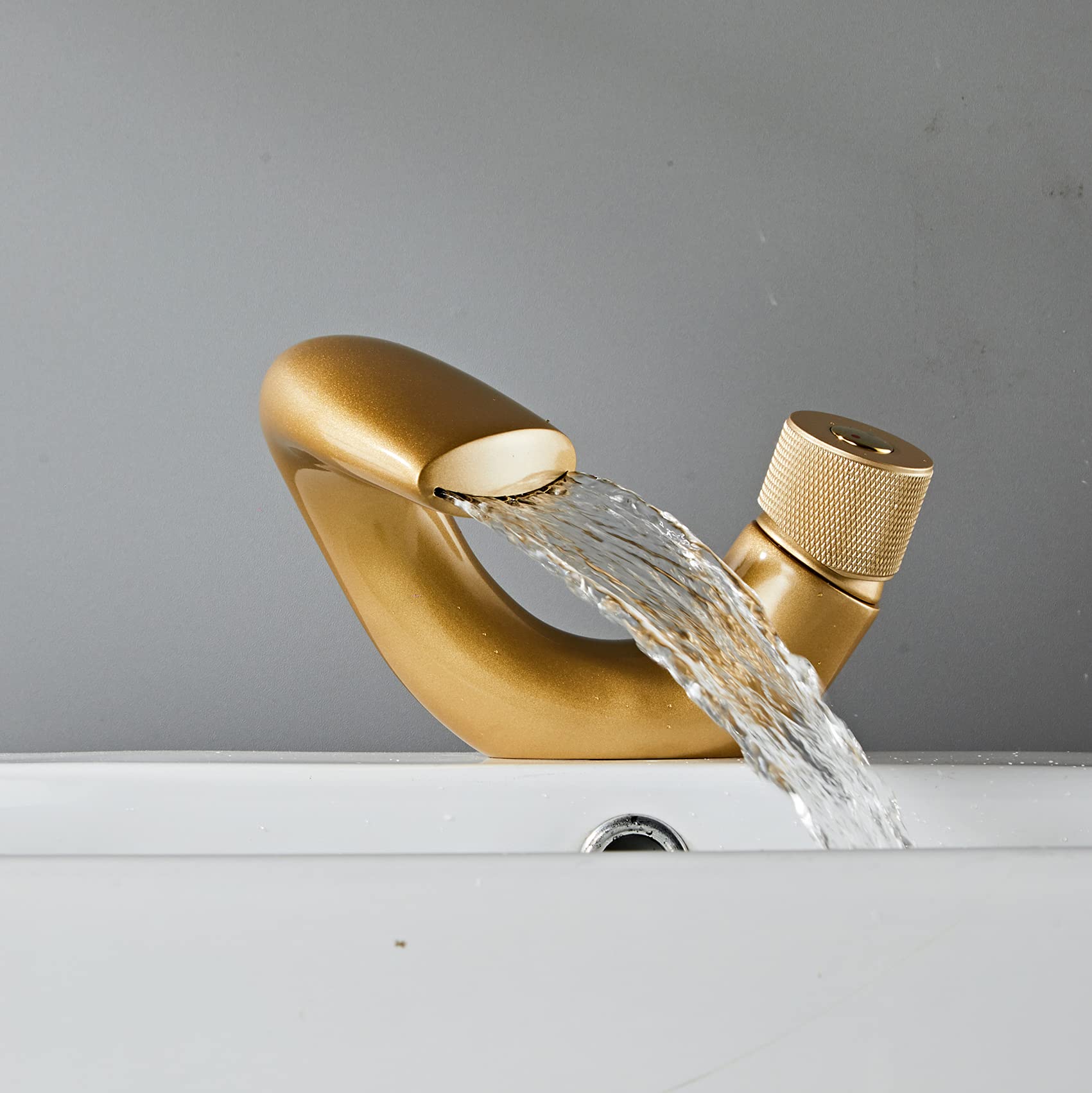 Wovier Matte Gold Waterfall Bathroom Sink Faucet - Single Handle Single Hole Lavatory Faucet with Supply Hose, Slanted Body Basin Mixer Tap for Commercial & Home Use - Perfect for Modern Bathrooms, Restaurants, and Hotels
