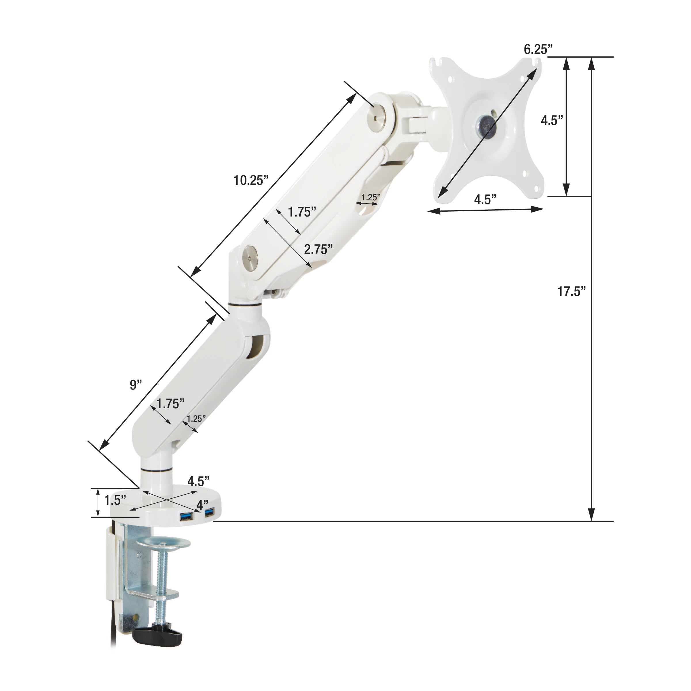 Office Star Ascend II Single Monitor Arm with Dual USB 3.0 Ports, 3-Point Rotation & VESA Mount (17-30 inch) - Ergonomic Adjustable Desk Mount for Home Office, Gaming & Workspace Setup - Silver