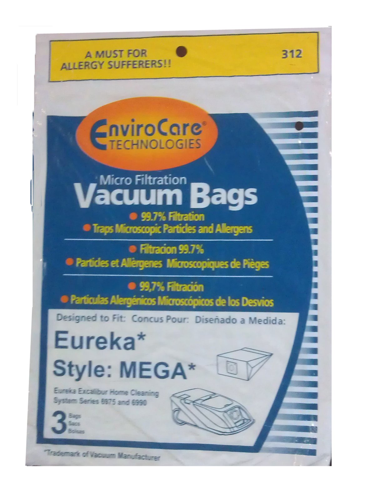 3-Pack Eureka MEGA #58624 Vacuum Bags - Compatible with Excalibur Powerteam 6975 & 6990 Models | Allergen Reduction | Ideal for Pet Hair, Dust & Allergy Relief in Homes & Offices