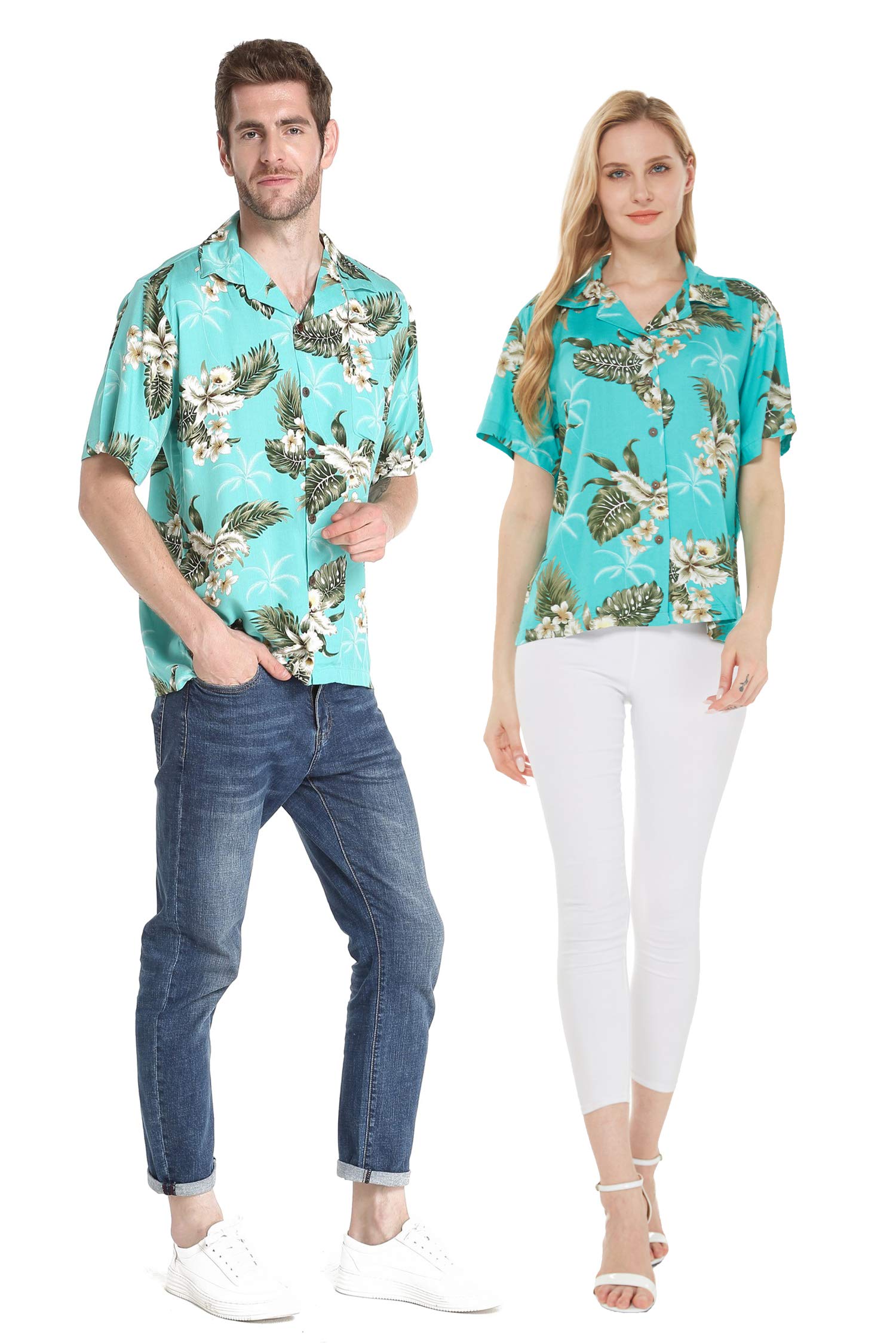 **Matching Couple Hawaiian Luau Outfit - Aloha Shirts in Palm Green for Beach Party & Summer Vacation**