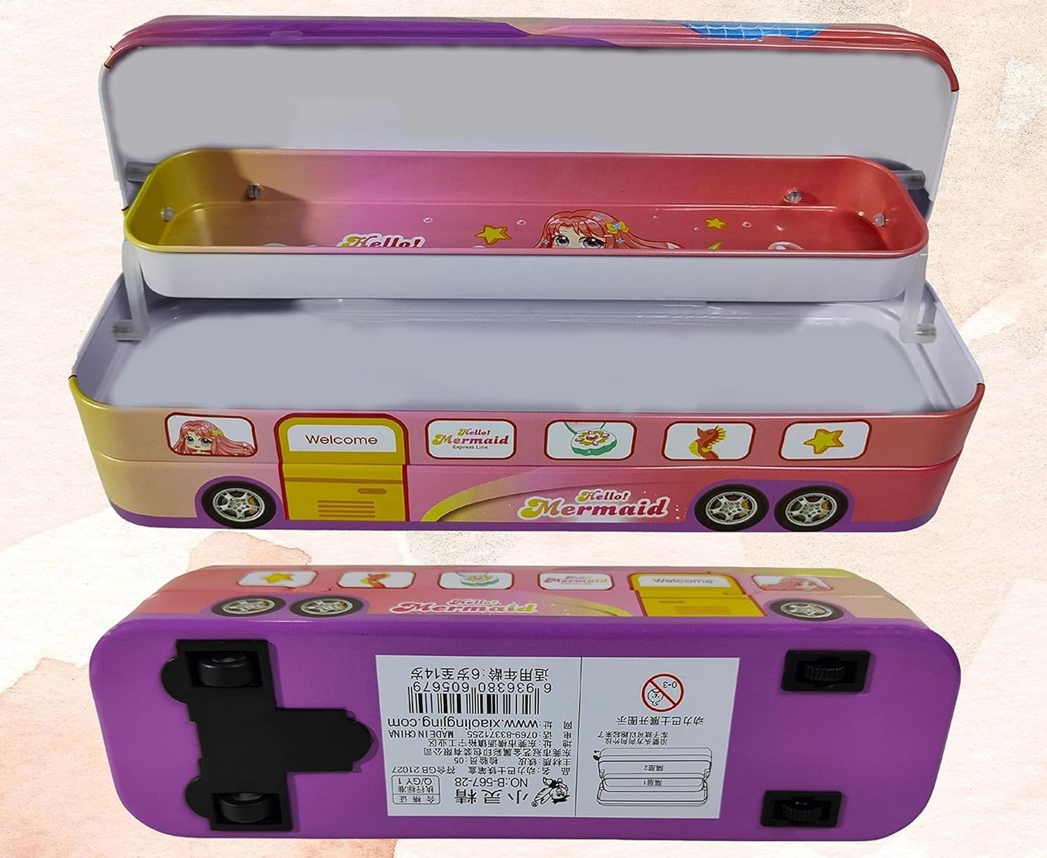 Prayosha Enterprise Metal String Operated Wheel Bus-Shaped Pencil Case - Colorful Geometry School Supply Box with Pull & Move Function (Hello Mermaid Design) for Students, Backpack Organization & Unique Gift Ideas