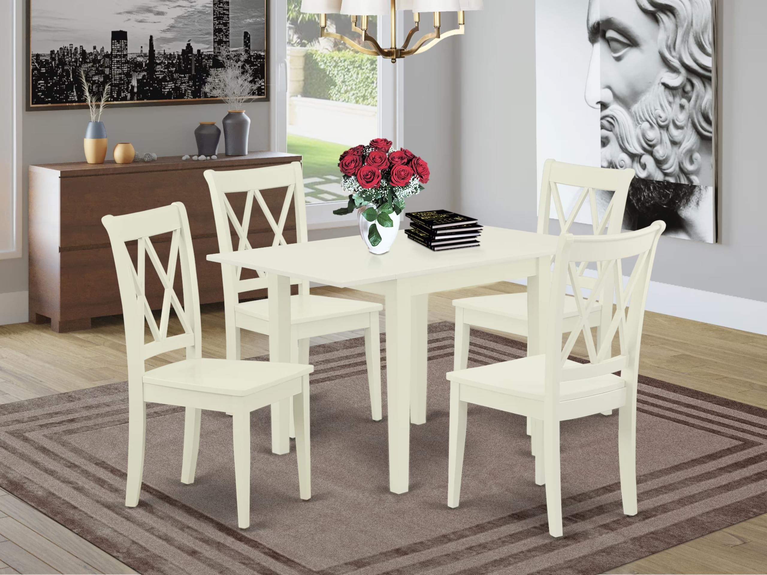 East West Furniture 5-Piece Dining Set with Drop-Leaf Table & 4 Chairs, 30x48 Inch, Linen White – Perfect for Small Kitchens, Breakfast Nooks & Compact Dining Spaces