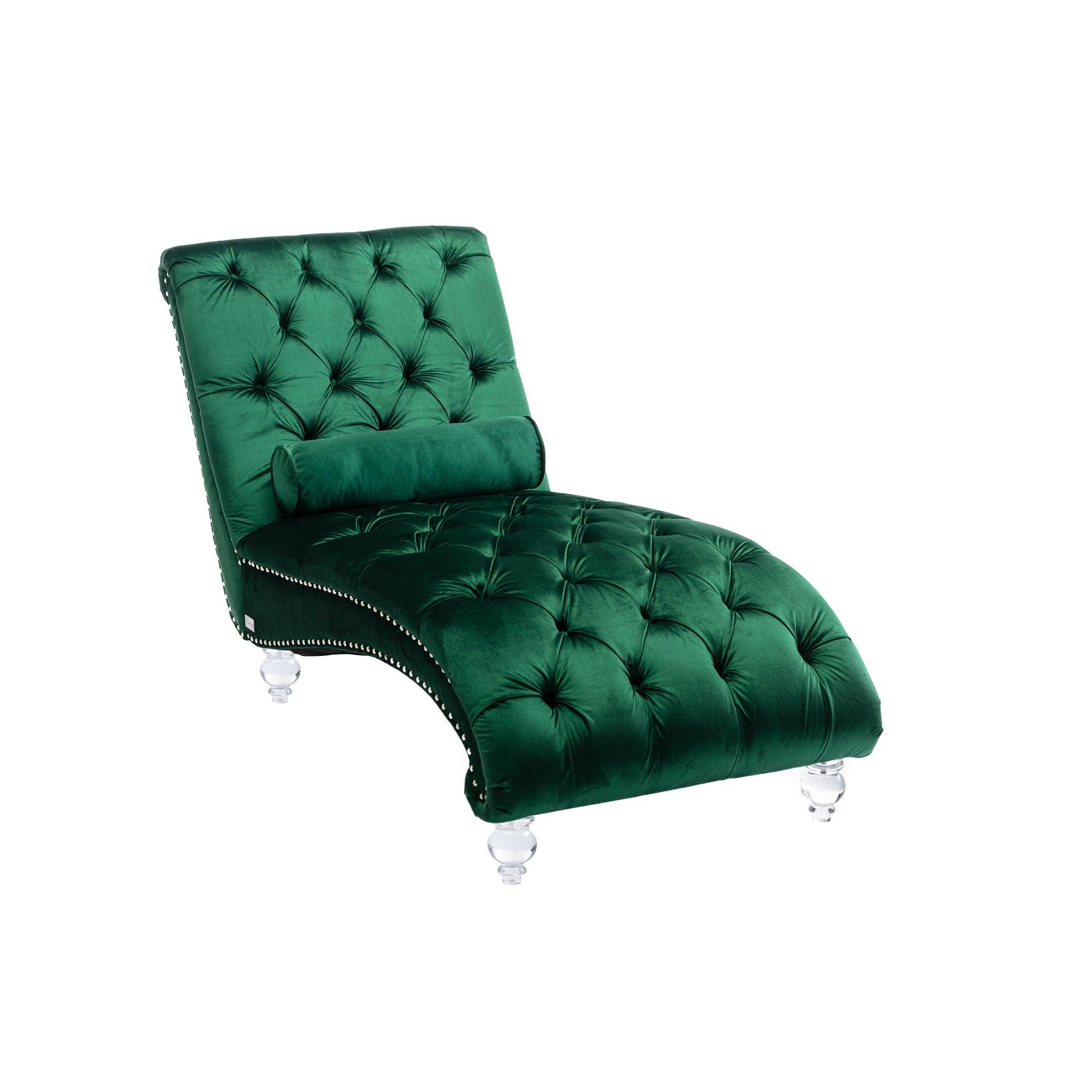 Luxury Velvet Chaise Lounge Chair - Button Tufted Upholstered Sofa with Pillow for Bedroom, Living Room & Office | Emerald Green Velvet Fabric | Perfect for Reading Nook, Lounge Area & Home Decor