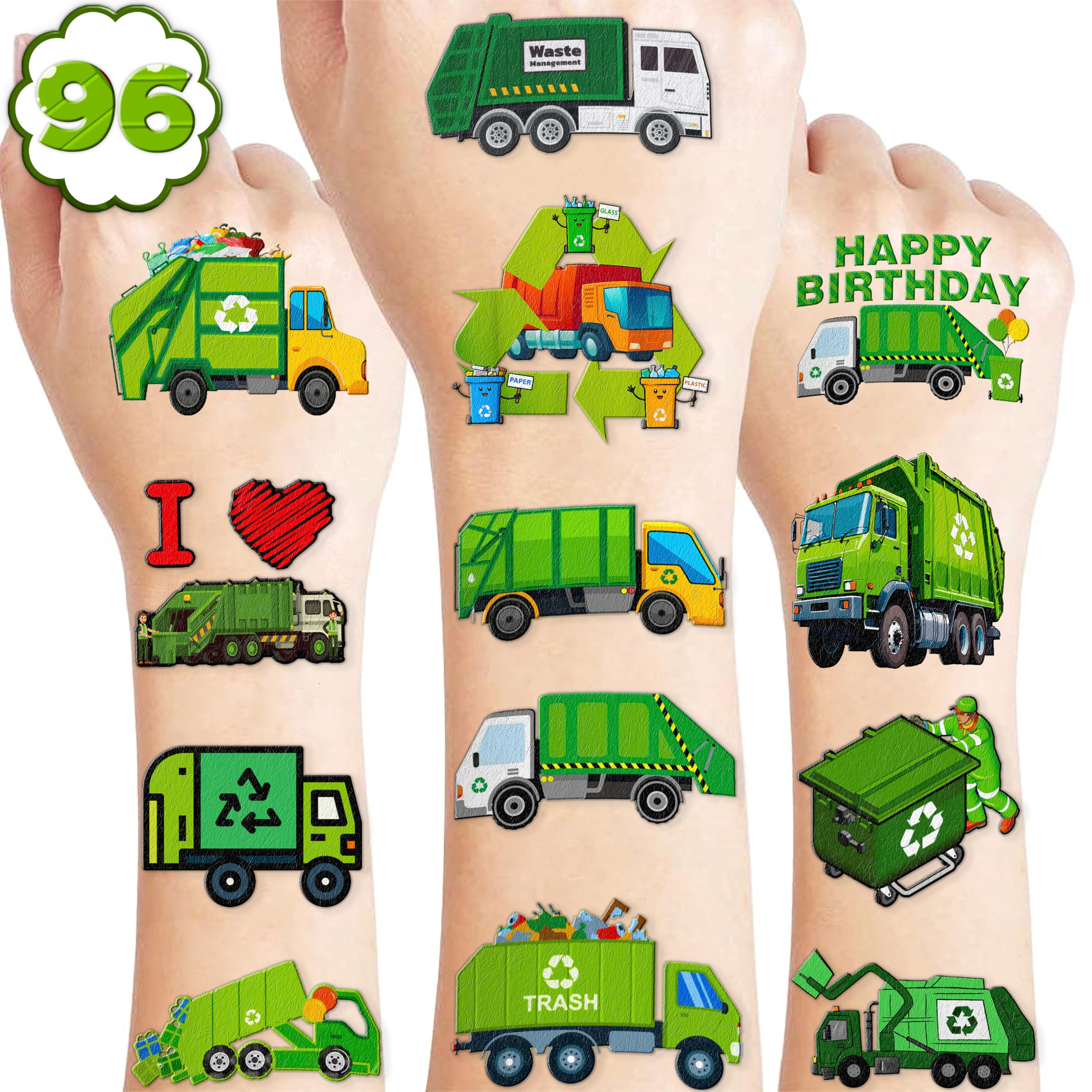 111 PCS Garbage Truck Temporary Tattoos - Fun Trash & Recycling Themed Party Supplies for Kids Birthday, Classroom Prizes & Carnival Favors - Cute Waste Management Stickers for Boys & Girls - Perfect for Birthday Decorations, School Events & Party Games