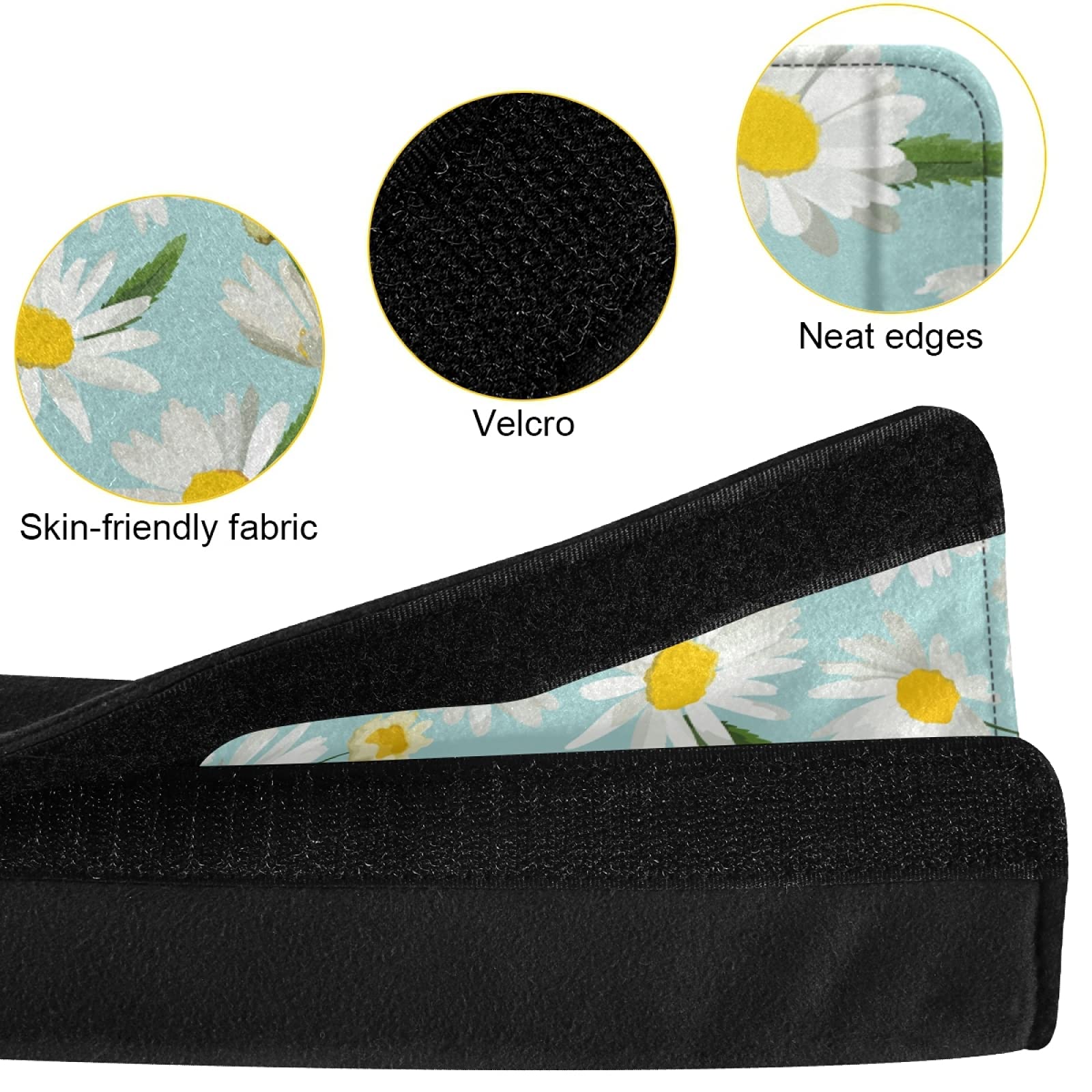 White Daisy Flowers with Green Leaves Seamless Turquoise Adjustable Car Seat Belt Pad Cover - Universal Shoulder Strap Cushion for Adults & Kids - Comfortable Driving Accessory for Long Trips & Daily Commutes
