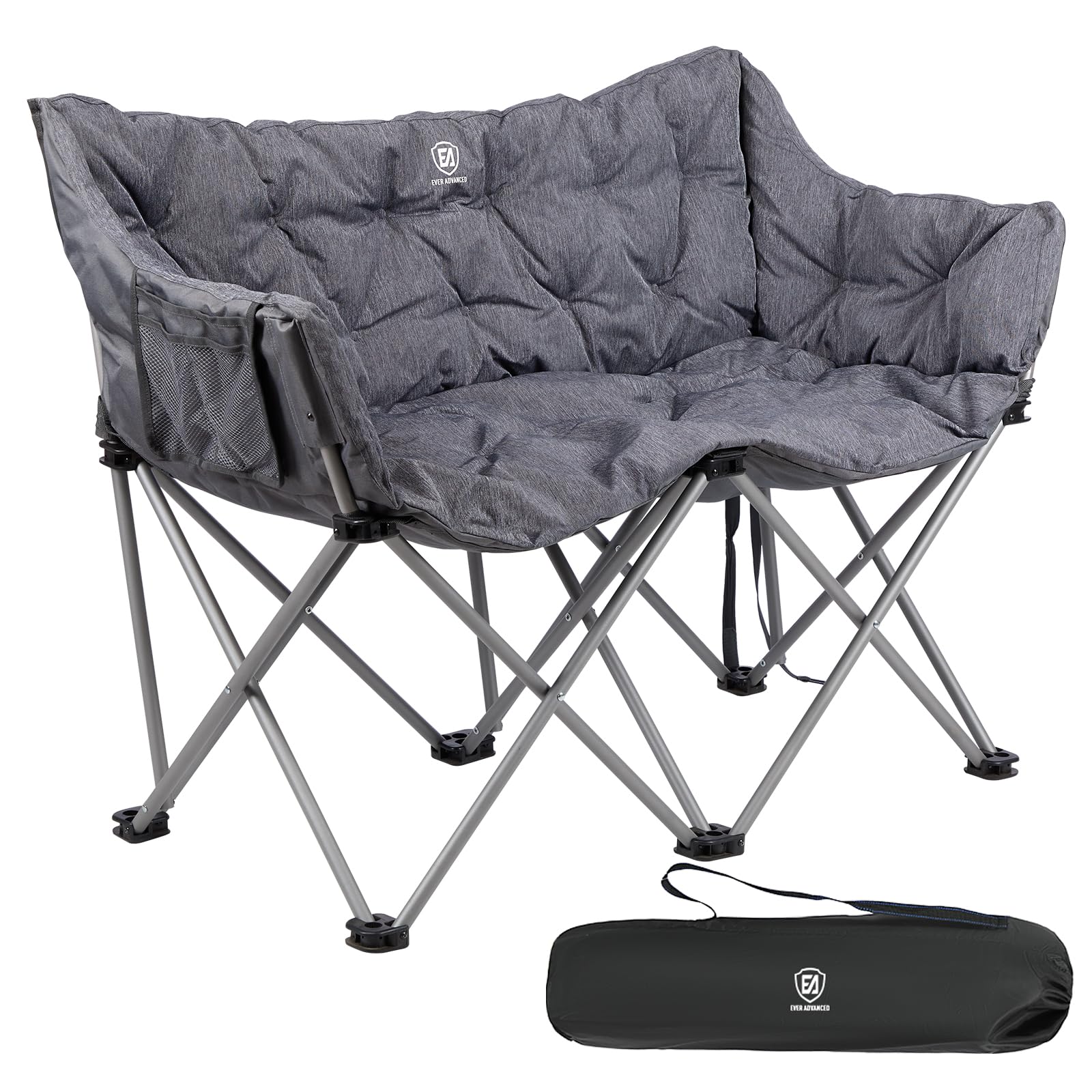 EVER ADVANCED Heavy Duty Double Camping Chair for Adults - 600lbs Capacity Padded Folding Love Seat with Side Pocket & Cushion - Portable Outdoor Bench for Couples, Picnics, Beach, Camping & Backyard Relaxation