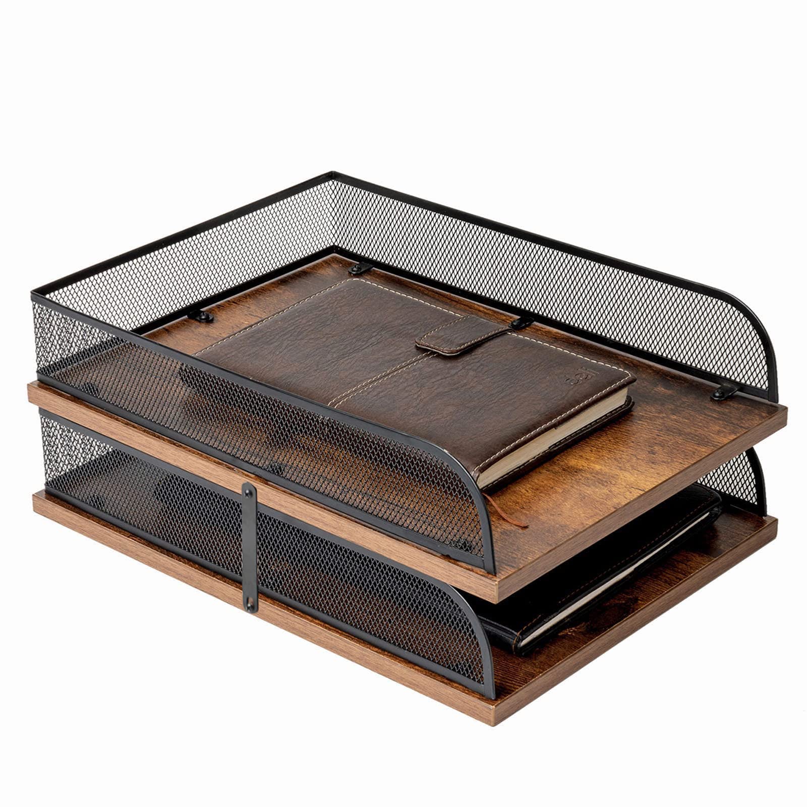 Vintage Wood and Metal Desk Organizer - Black File Holder with Paper Tray for Office, Home, or Study - Perfect for Organizing Documents, Letters, and Office Supplies