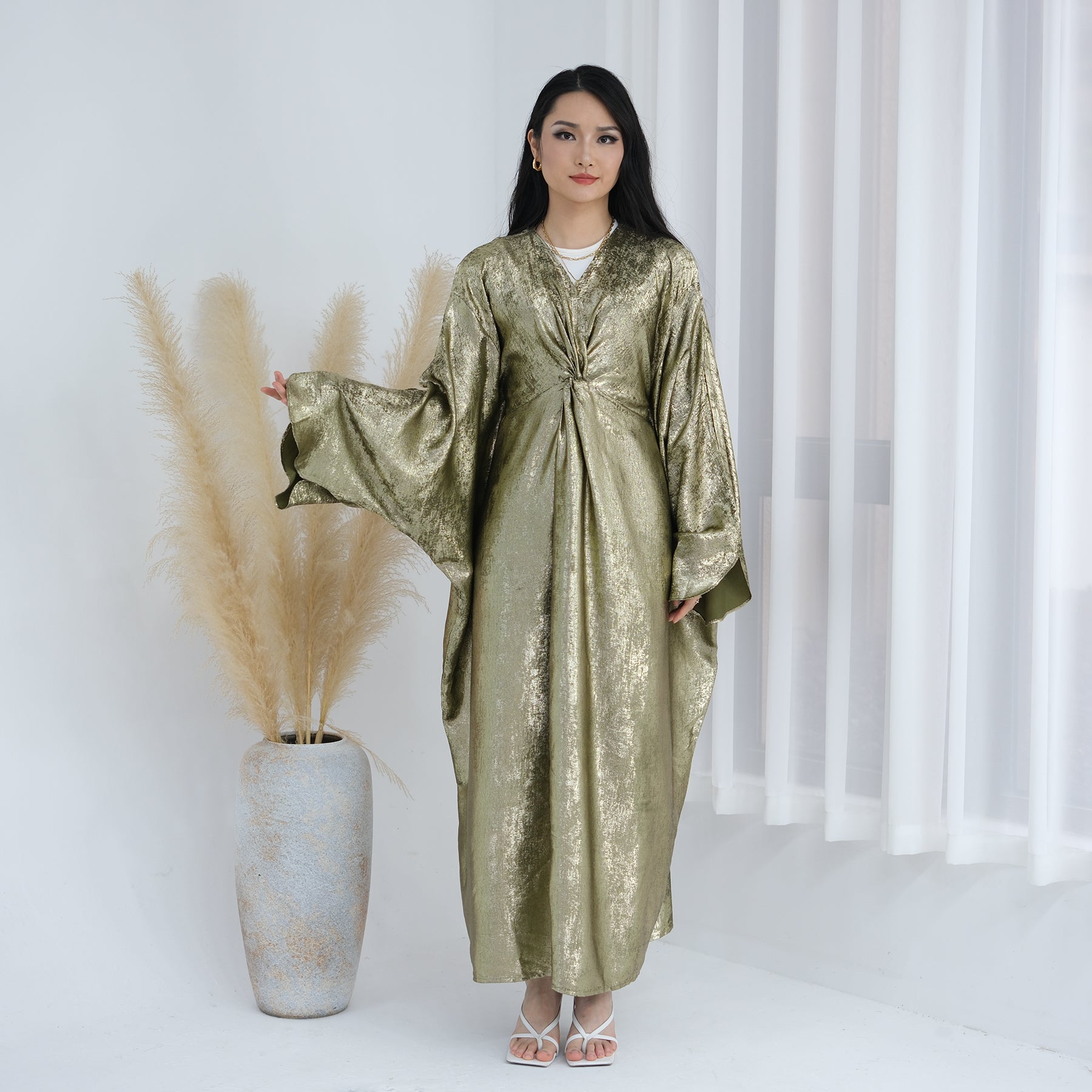 Elegant Florence Knot Shimmer Abaya Dress - Olive Green Islamic Prayer Gown for Women | Perfect for Eid, Mosque, and Special Occasions