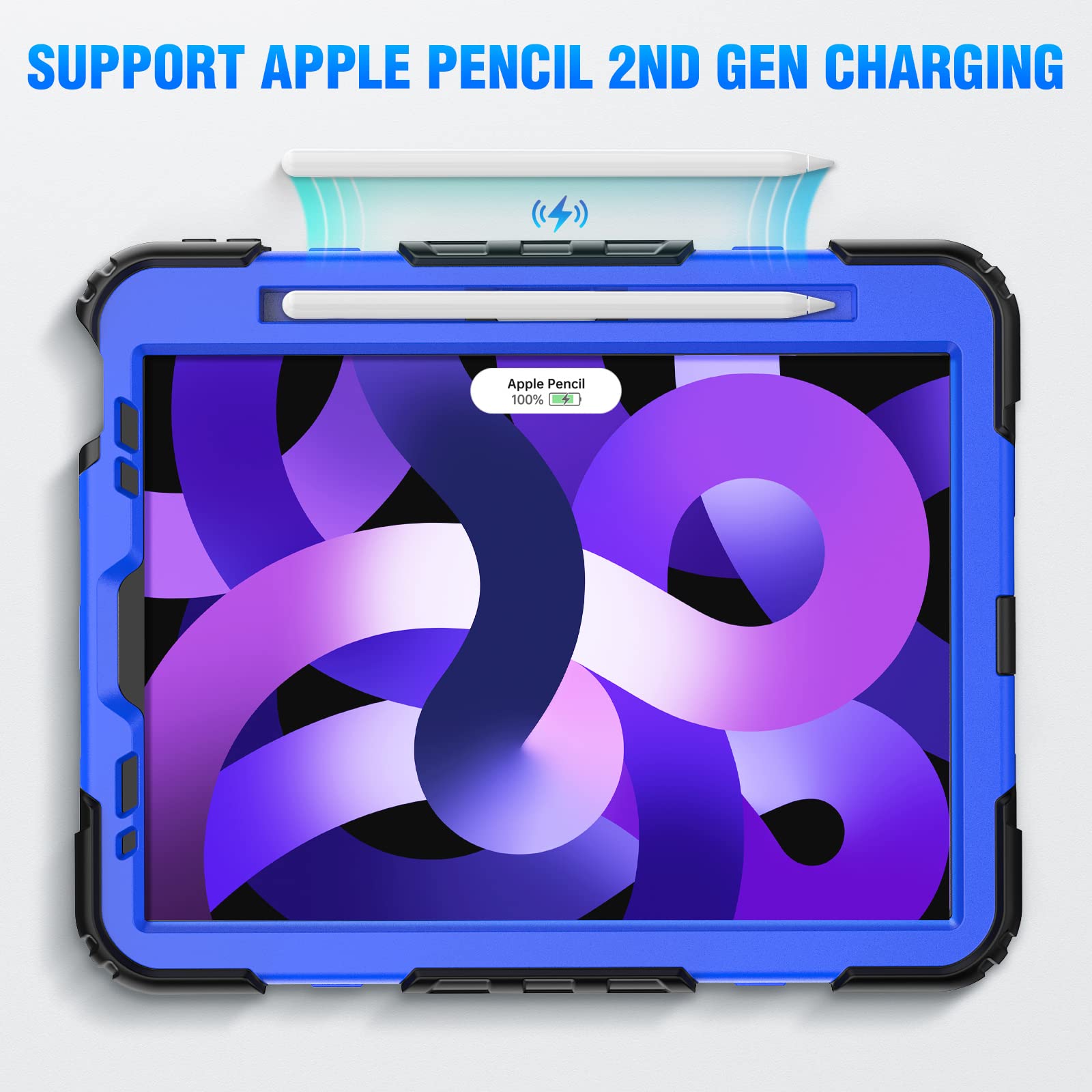 Premium iPad Air 5th/4th Generation Case 10.9 inch - Heavy Duty Protective Cover with Built-in Screen Protector, Rotating Stand, Pencil Holder & Adjustable Shoulder Strap (Dark Blue) - Perfect for Work, Travel & School Use