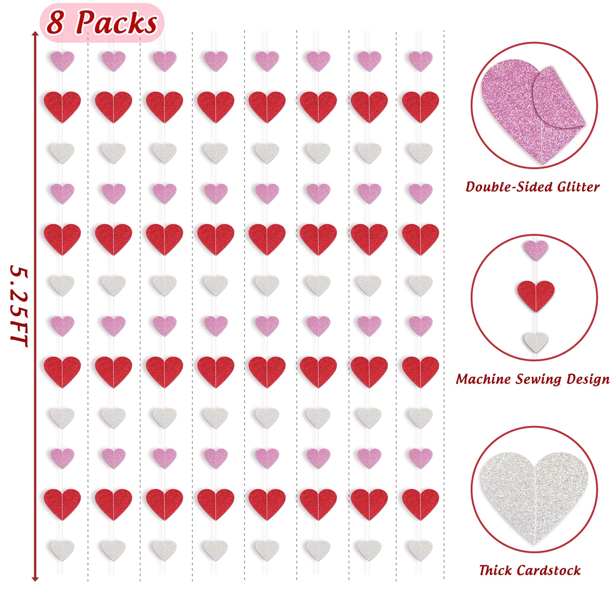 8 Packs Red Pink Silver Glitter Heart Garland String - Valentine's Day Decorations for Home, Mantle, Wedding, Anniversary & Birthday Party - Romantic Heart Banner for Wall, Ceiling, Door & Photo Backdrop