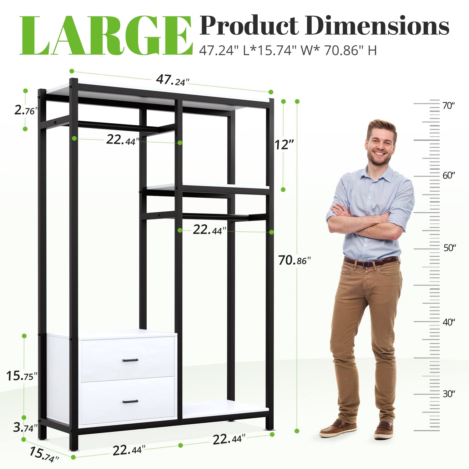HOKEEPER 650lbs Heavy Duty Metal Wardrobe - Freestanding Closet Organizer with Drawers & Shelves for Bedroom Storage
