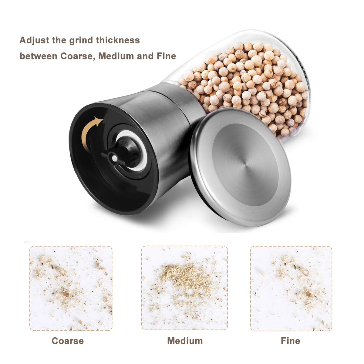 Premium Stainless Steel Manual Salt and Pepper Grinder Set - Adjustable Ceramic Spice Mill with Refillable 6oz Glass Body - Ideal for Kitchen, Camping & Gourmet Cooking