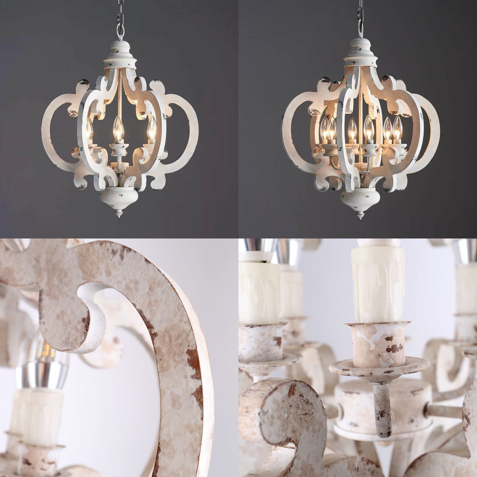 6-Light Antique Farmhouse Wooden Chandelier - Rustic Hanging Ceiling Lamp for Dining Room, Kitchen, Foyer, Hallway & Entryway - White Pendant Light Fixture | Perfect for Farmhouse Decor, Country Kitchen Lighting & Vintage Home Accents