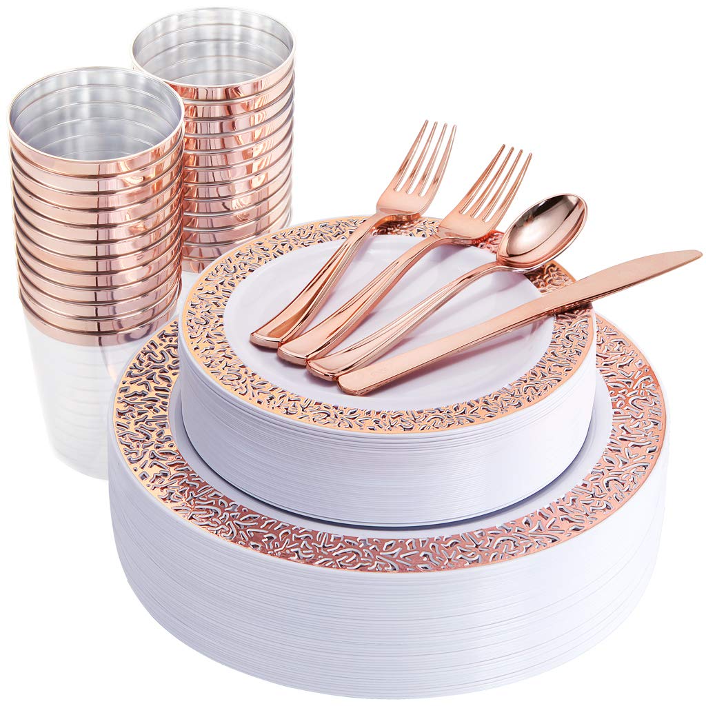 WELLIFE 175-Piece Rose Gold Plastic Dinnerware Set - 25 Dinner Plates (10.25
