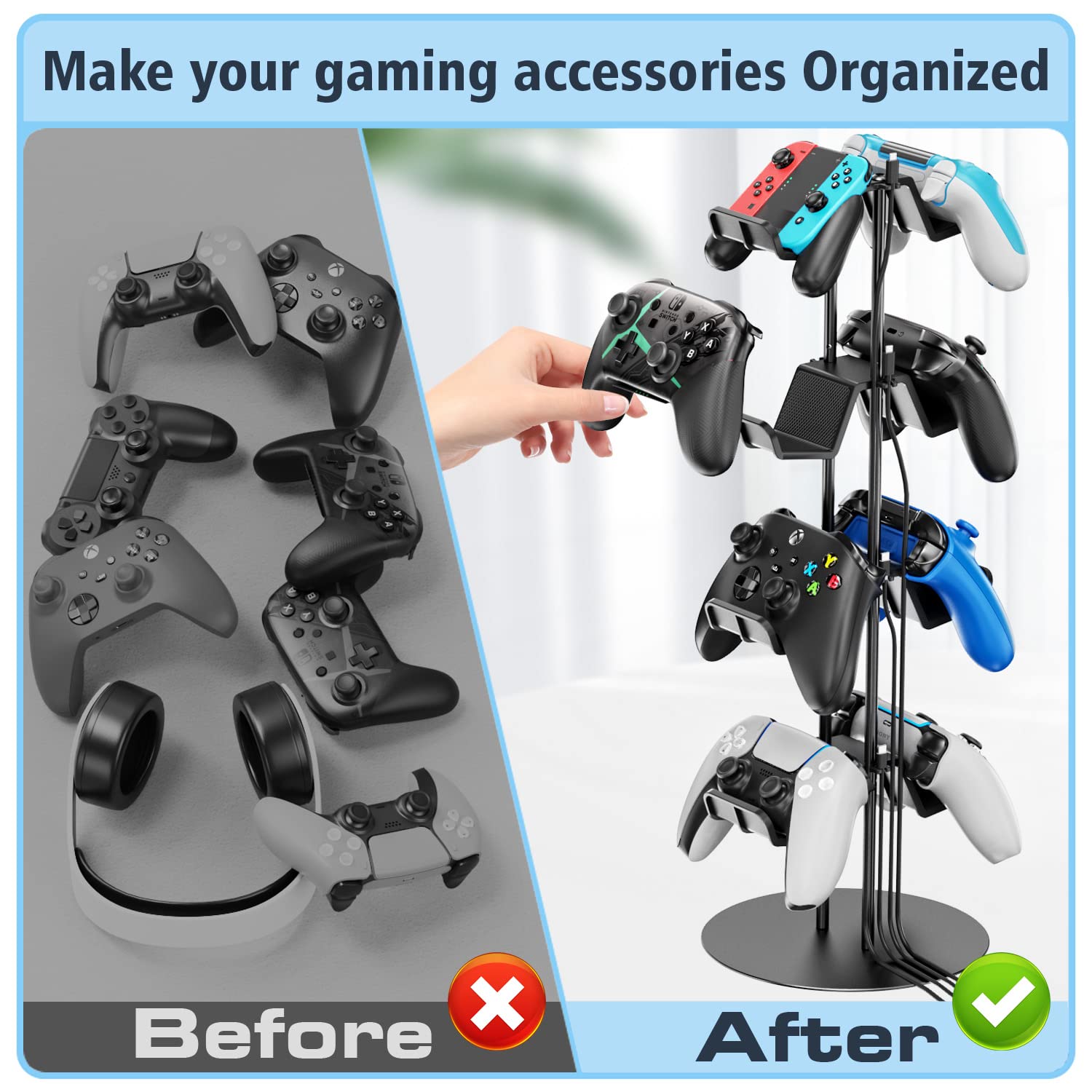 Kytok 4-Tier Gaming Headset Stand with Cable Organizer - Universal Controller Holder for PS5, Xbox, Nintendo Switch, PS4 & PS Portal - Perfect Gaming Desk Accessory for Organized Game Room Setup