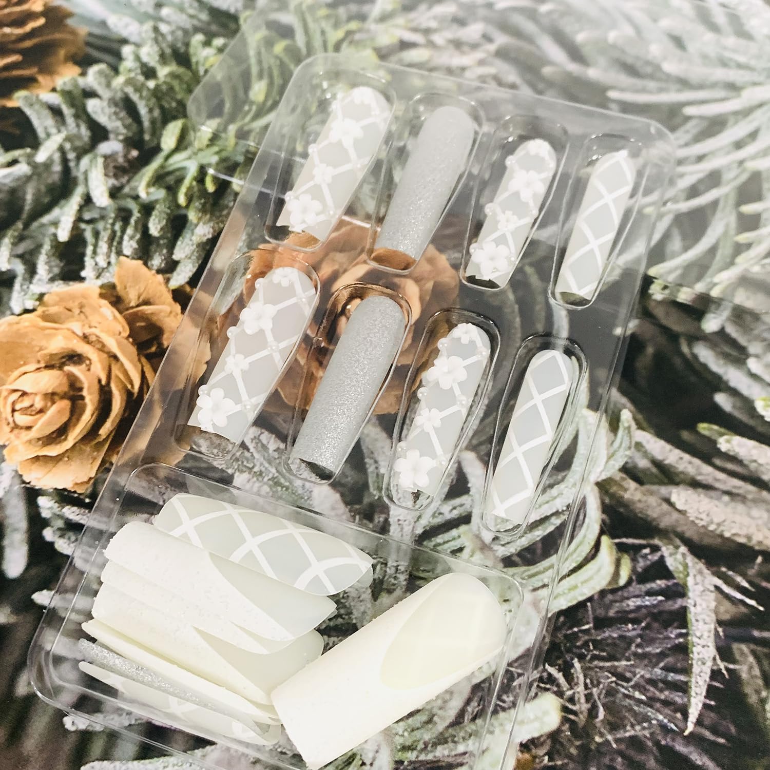 Long Press on Coffin Nails - Glossy Full Cover Acrylic Extra Long Square Fake Nails with Elegant Designs | Ballerina Style Artificial Nails with Charm & Glue | Perfect for Parties, Weddings, and Special Occasions (SGCY209)